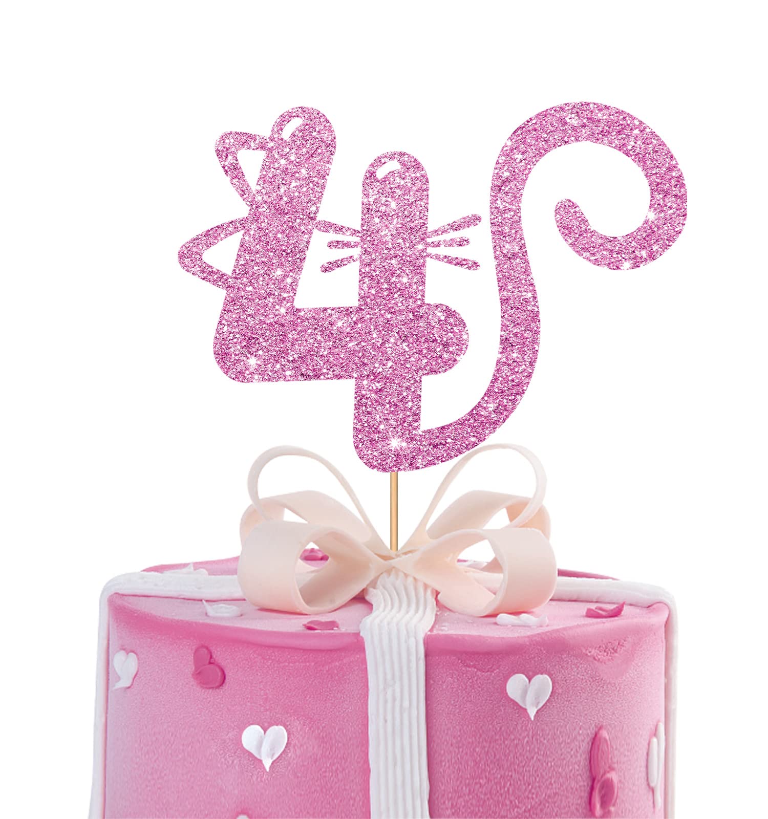 MINUET MINUTE Cat Four Cake Topper, Pink Glitter, Happy 4th Birthday Decoration for Baby Girl