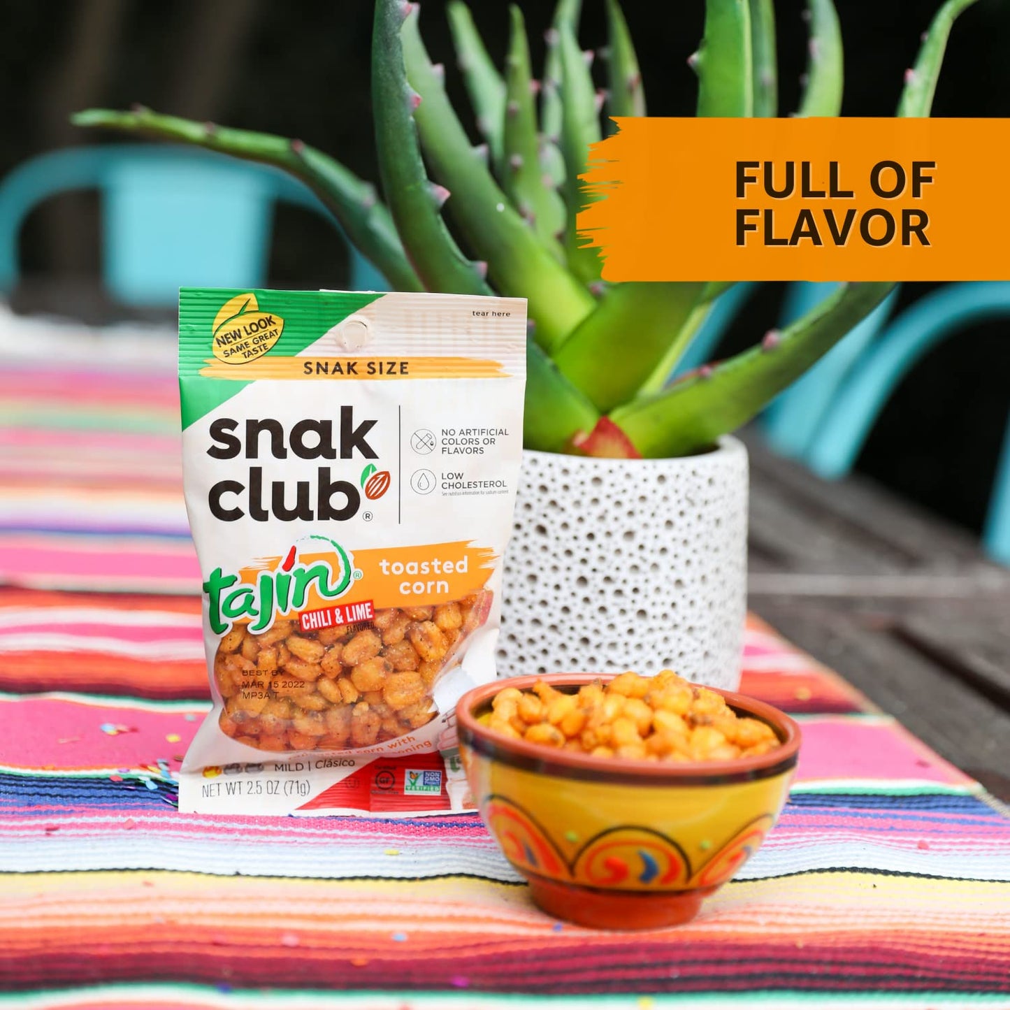 Snak Club Toasted Corn, Tajin Cl  sico Chili & Lime Flavor, Crunchy, Flavorful Low-Cholesterol Individual Snacks, 2.5oz (Pack of