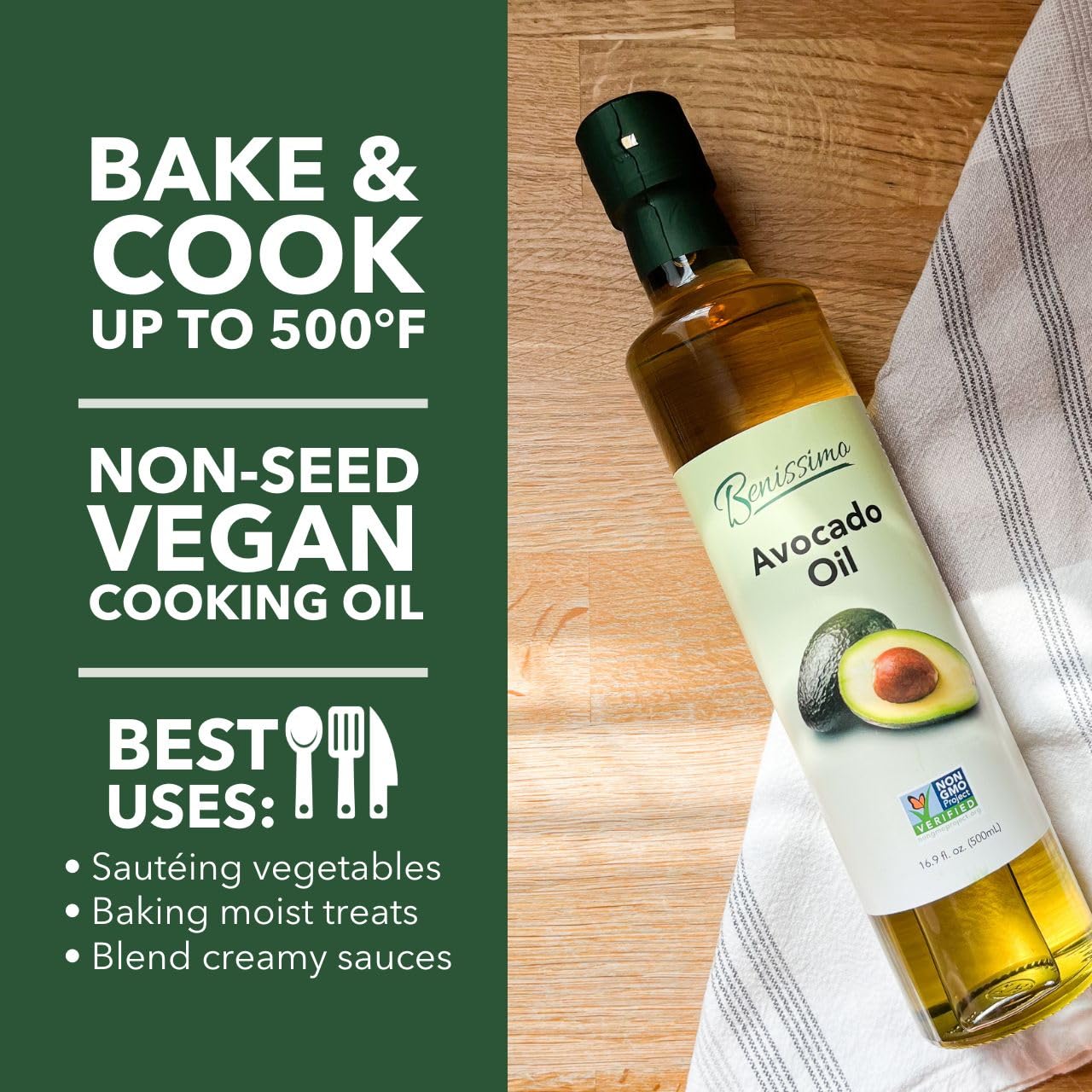 Benissimo 100% Pure Avocado Oil, Cold-Pressed Cooking Oil, 500ml Glass Bottle, Allergen-Free, Non-GMO