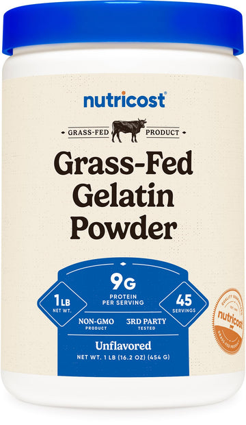 Nutricost Grass-Fed Beef Gelatin Powder (1 Lb) Unflavored - 9G Of Protein Per Serving  Gmo-Free  Gluten-Free  45 Servings