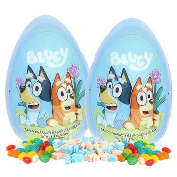 Sweetzo - Jumbo Prefilled Bluey Easter Eggs, With Jelly Beans, Hard Candies and Character Stickers, Gift Basket Stuffers for Boy