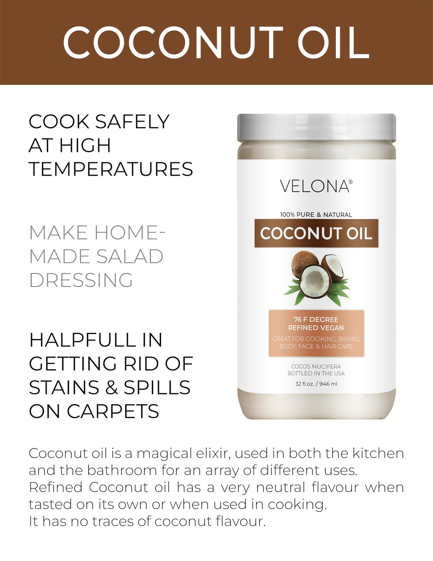Coconut Oil 76 Degree By Velona - 32 Fl Oz | 100% Pure And Natural Carrier Oil | In Jar | Refined, Cold Pressed | Skin, Face, Bo