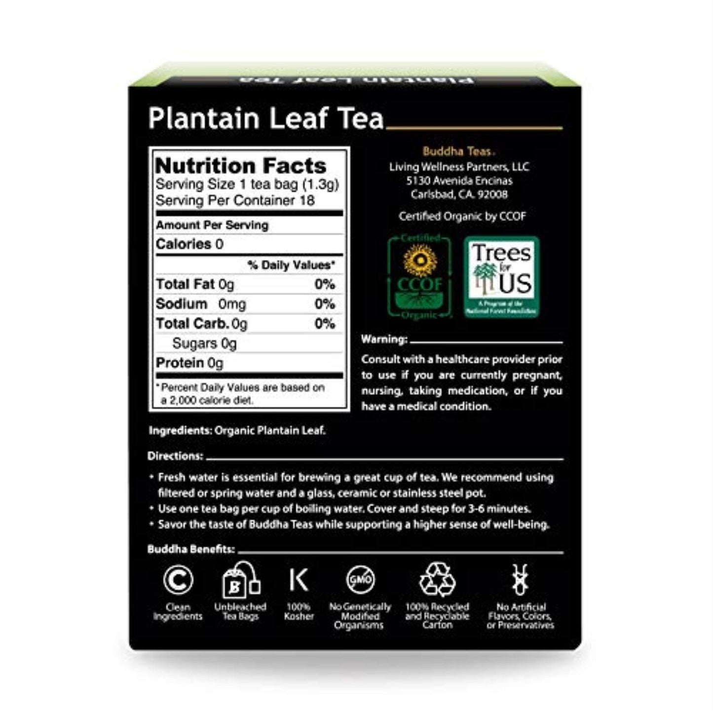 Buddha Teas Organic Plantain Leaf Tea - 18 Bleach-Free Tea Bags - OU Kosher, USDA Organic, CCOF Organic