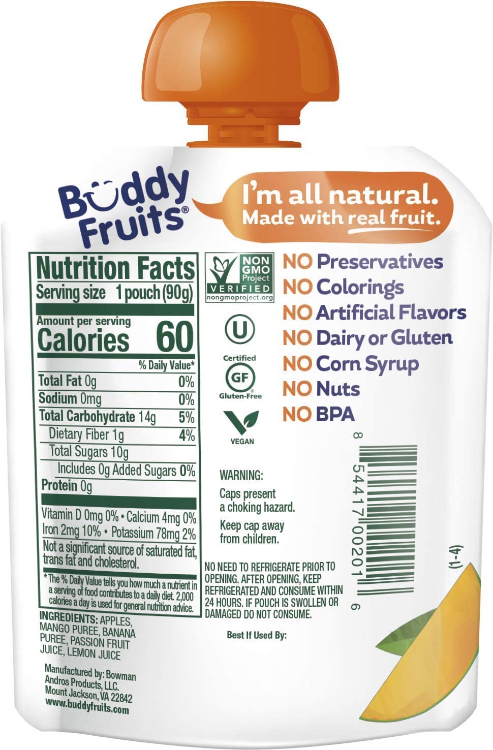 Buddy Fruits Pure Blended Fruit Snack To Go Apple, Mango, Banana And Passion Fruit Applesauce 3.2Oz (Pack Of 12) | 100% Real Fru