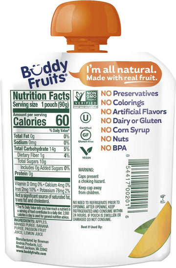 Buddy Fruits Snacks To Go Mango Unsweetened Applesauce 3.2Oz Pouch (18Pk) Gluten-Nut-Dairy-Preservatives-Bpa Free, Non Gmo, Kosh
