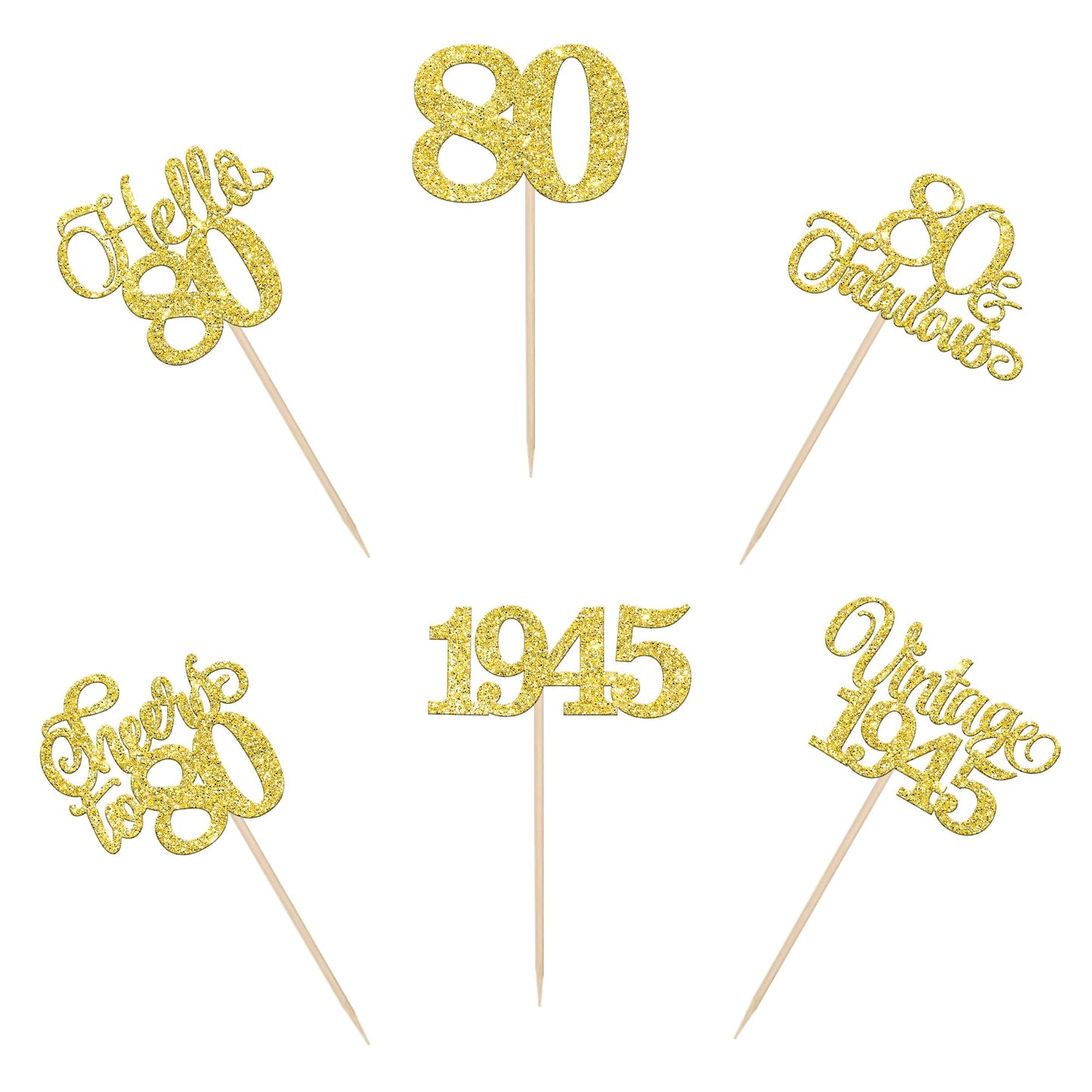 Rssta i 24 Pack Gold Glitter 80th Birthday Cupcake Toppers Paper Cake Decorations