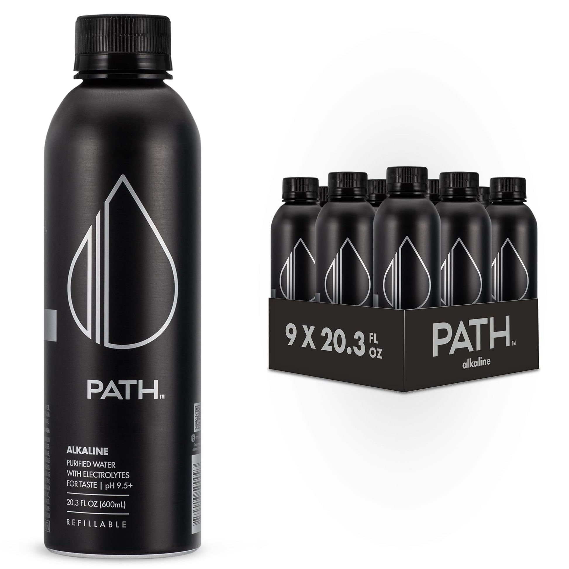 Path Alkaline Bottled Water - 9.5 Ph-Balanced Purified Water With Electrolytes In Aluminum Bottle - Bpa-Free  Reusable  Infinitely Recyclable - Pure  Crisp  Refreshing Taste - 20.3 Fl Oz (Pack Of 9)