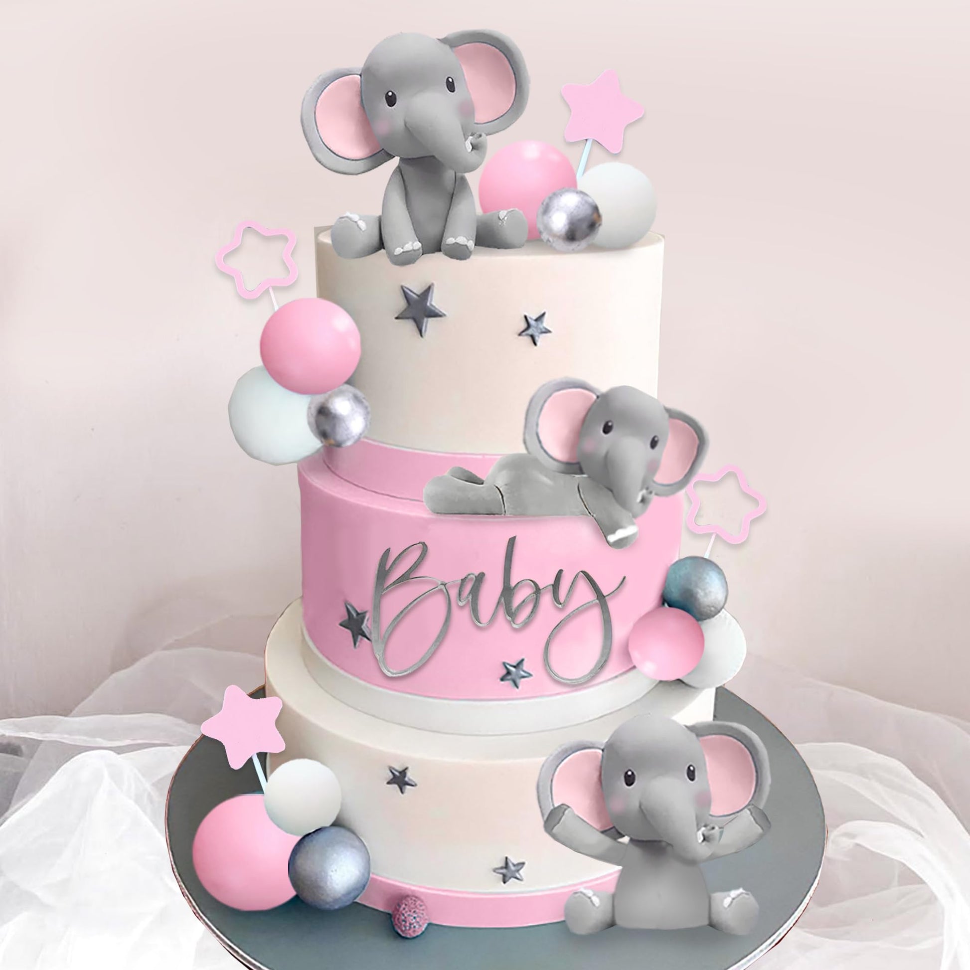 32 Pcs Elephant Cake Decoration With Mini Elephant Blue White Pearl Balls For Baby Shower Girl Elephant Theme Birthday Party Sup