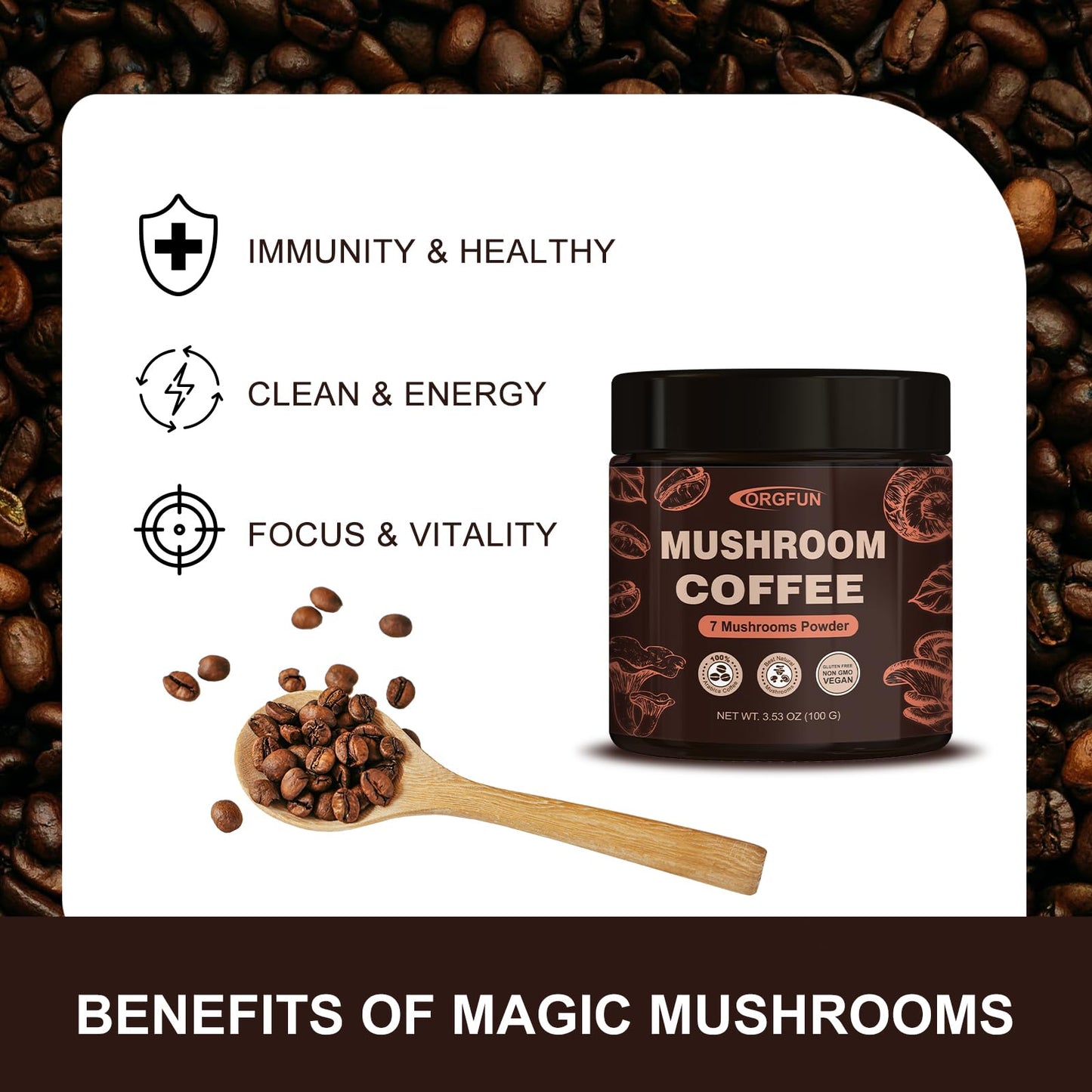 Orgfun Premium Mushroom Coffee With 7 Superfood Mushrooms, Great Tasting Arabica Instant Coffee, Includes Chaga, Lion'S Mane, Re
