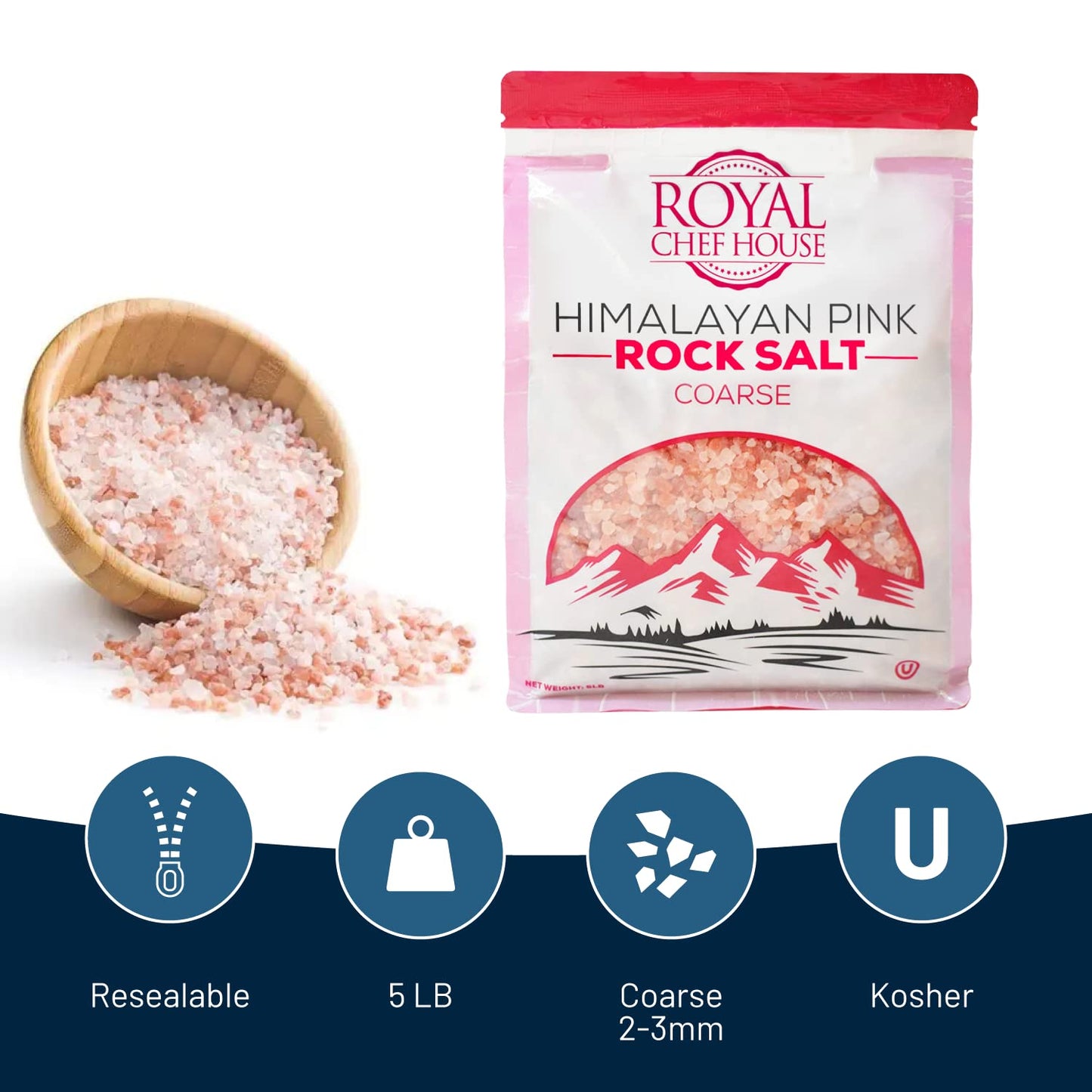 Himalayan Pink Salt 5 Lbs Coarse Grain Bulk Bag - Hymalain Pure Gourmet Crystals - Himilian 100% Natural - Contains 84 Minerals