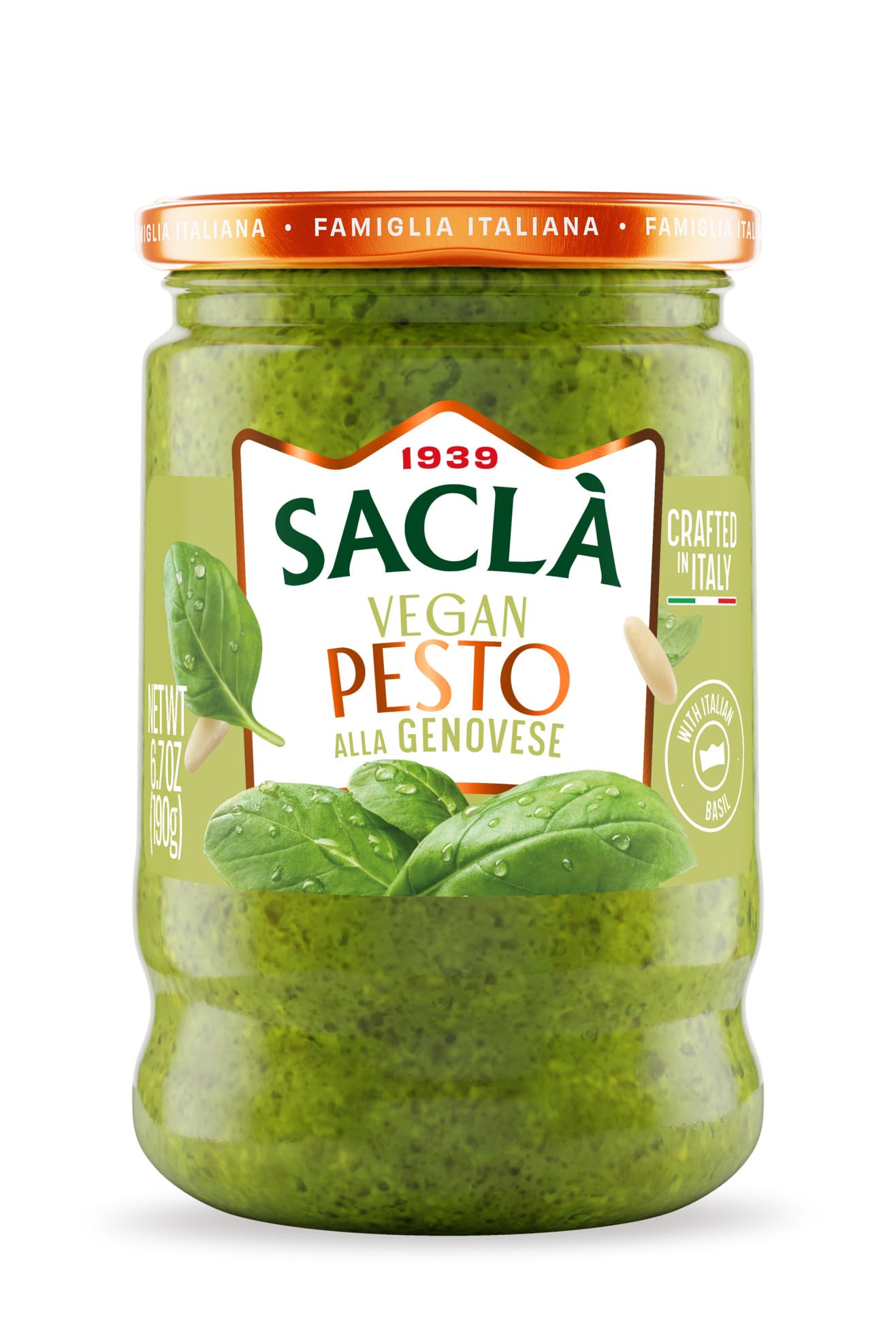 SACLA Vegan Basil Pesto alla Genovese | Dairy-Free Pesto Sauce made from Fresh Italian Basil & Cashews | 6.7 oz Glass Jar | Non-