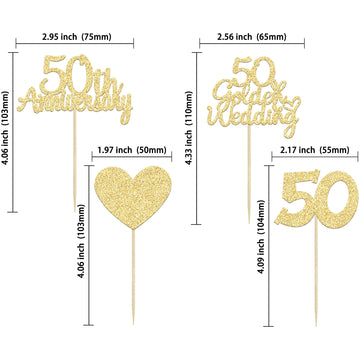 Gyufise 24Pcs 50Th Wedding Anniversary Cupcake Toppers Gold Glitter 50Th Golden Wedding Anniversary Heart Cake Decoration For Ce