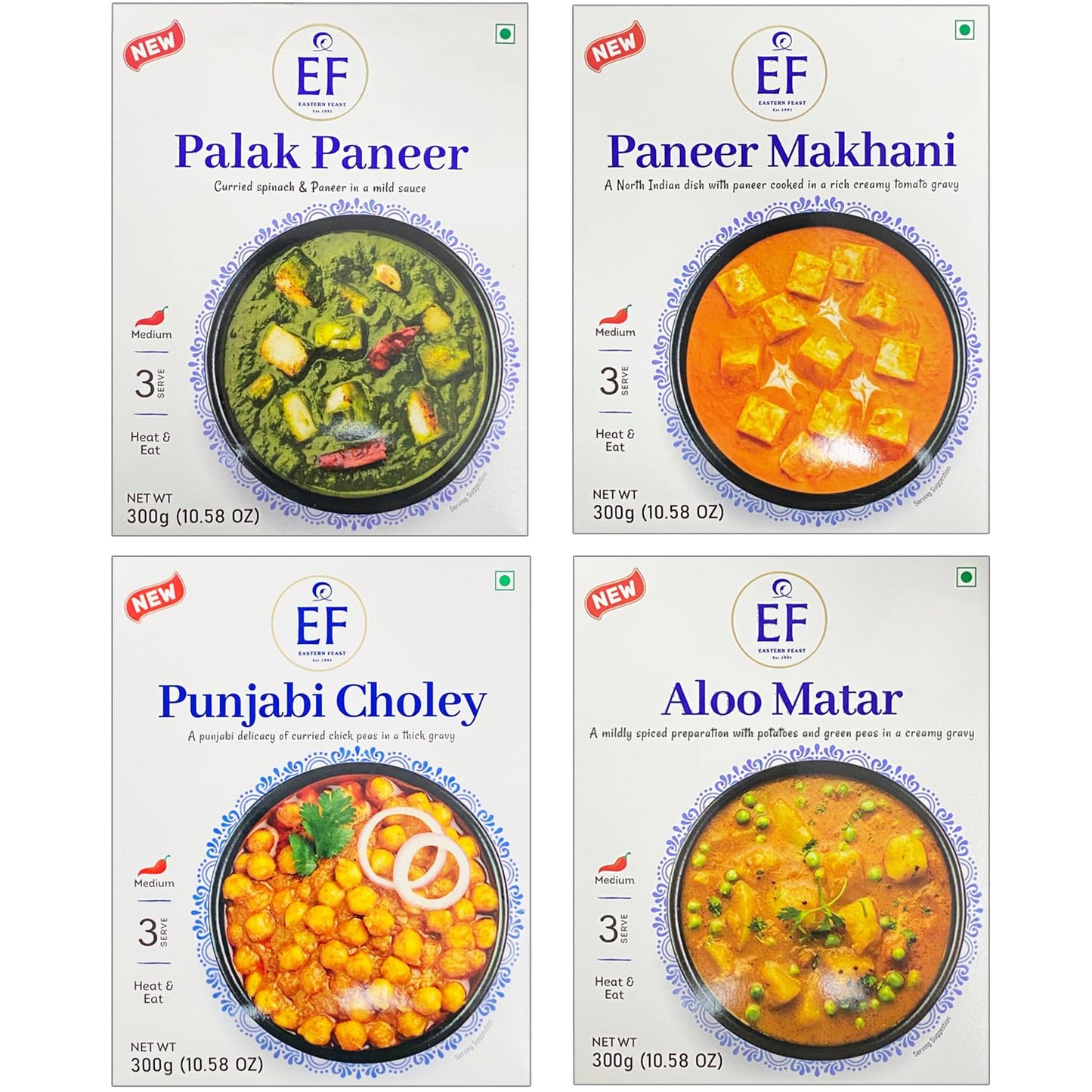 Eastern Feast - RTE Variety Mix #1, (Palak Paneer, Paneer Makhani, Punjabi Choley, Aloo Matar), Ready to Eat Vegetarian Meals, (