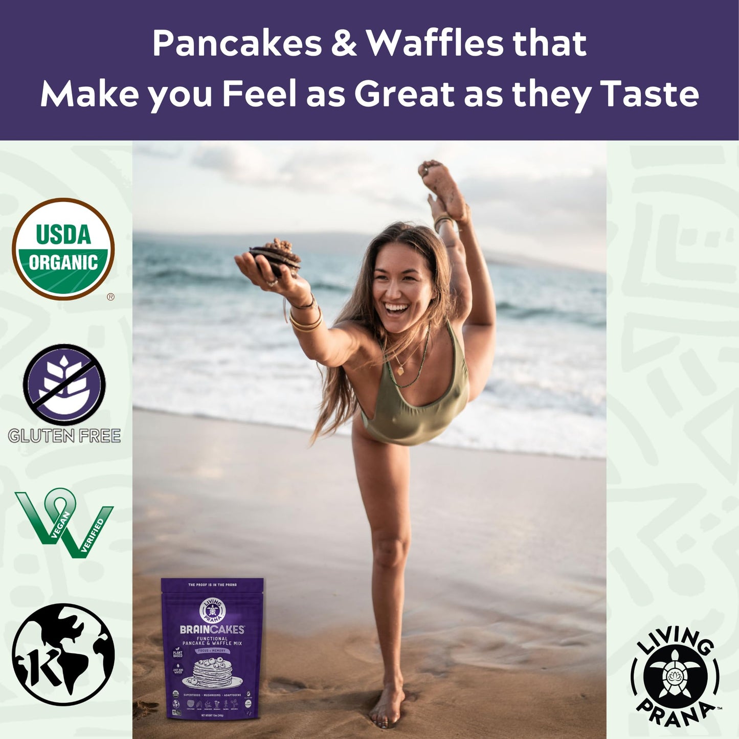 BrainCakes Superfood Organic Pancake & Waffle Mix Gluten Free | Memory, Focus & Stress Support | Just-Add-Water | By LIVING PRAN