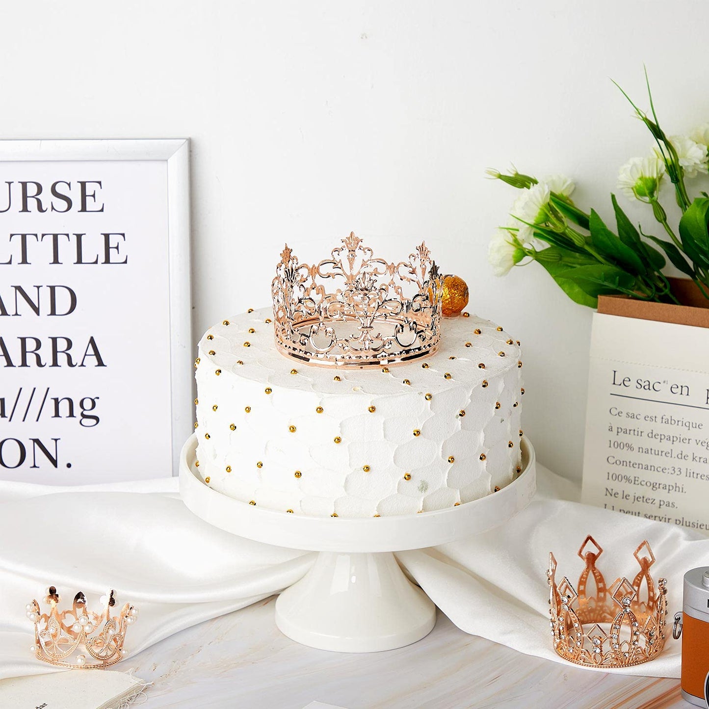 Hotop 4 Pcs Rose Gold Crown Cake Toppers Birthday Mini Flower Bouquet Crown Cupcake Toppers Vintage Rhinestone Pearl Crown Cake