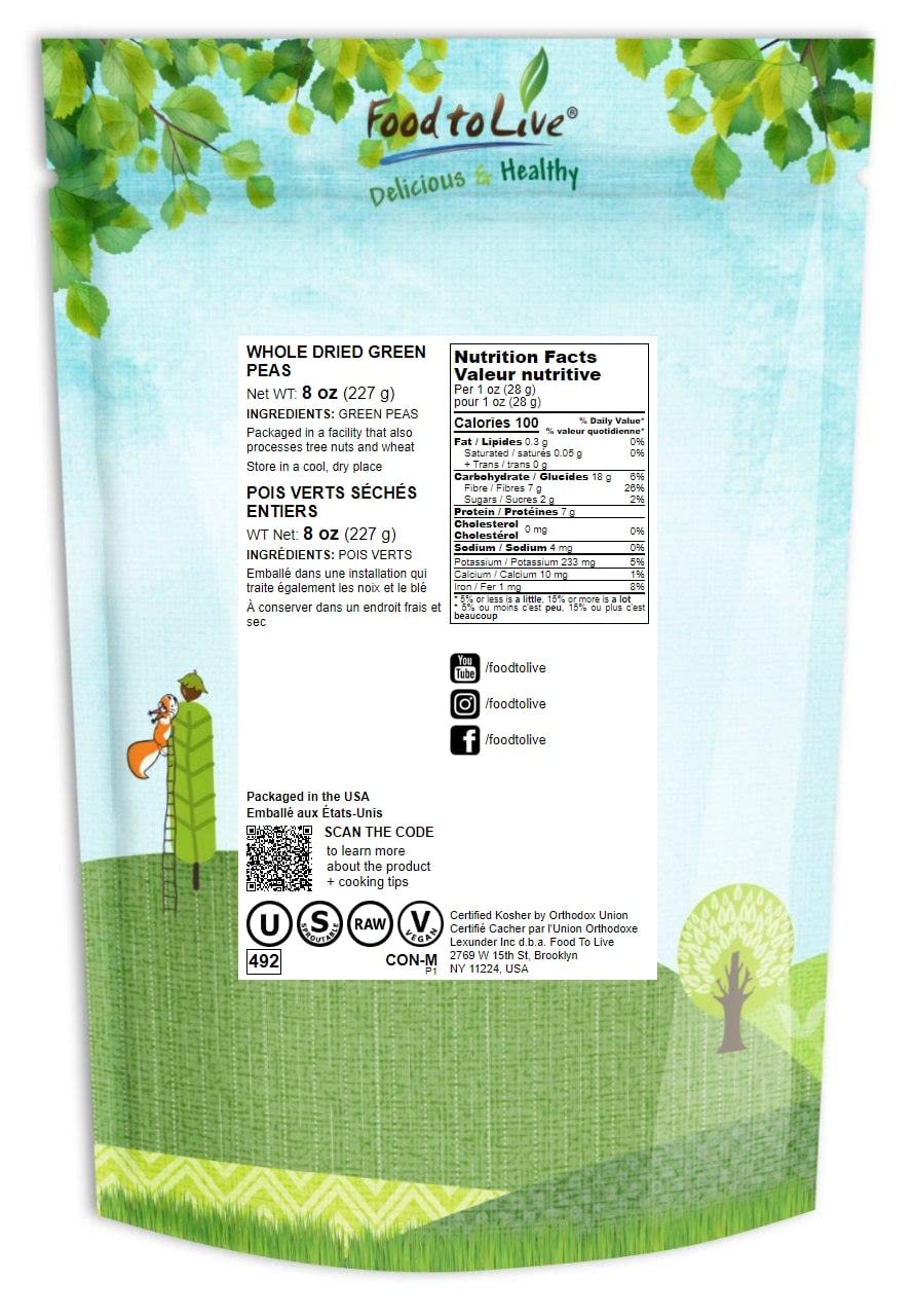 Whole Dried Green Peas, 8 Ounces - Green Vatana, Sproutable, Vegan, Kosher, Bulk. Pre-Soak Needed. Rich In Protein, Fiber, Potas