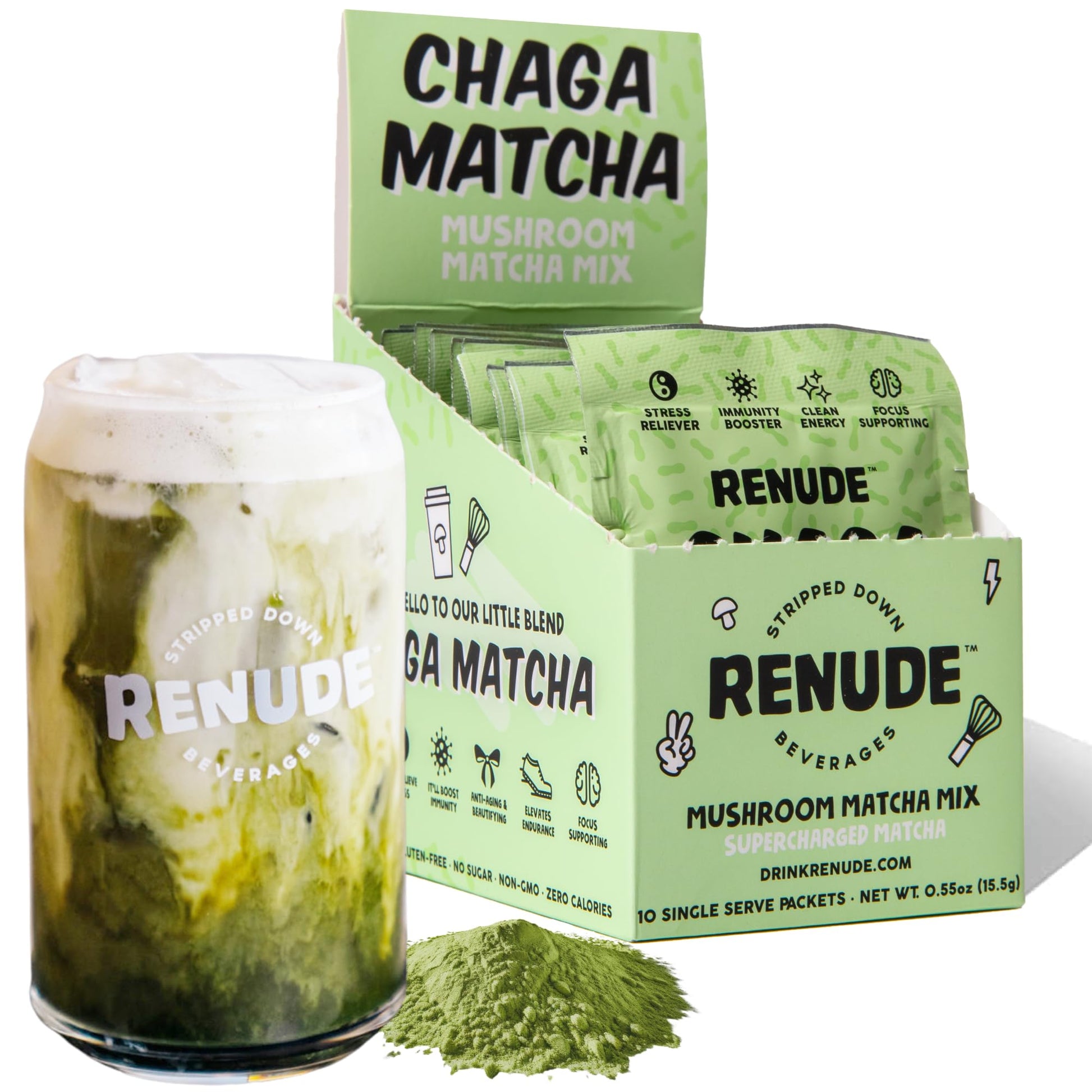 Renude Chaga Matcha Superfood Drink Mix, Keto, Vegan, Sugar Free, 10 Servings, 0.55 Ounce