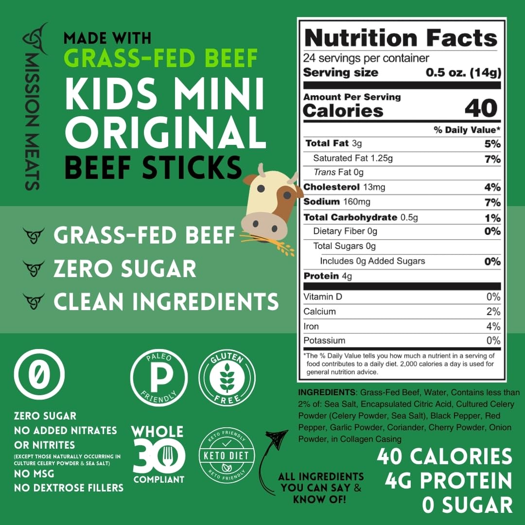 Mission Meats Kids Mini Beef Sticks - 100% Grass Fed Beef Sticks, Toddler Snacks, Healthy Snacks For Kids, Kids Meat Sticks, Pal