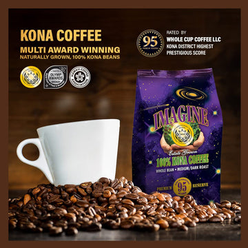 Imagine Kona Organic Coffee Beans | Arabica Kona Beans | Top Grade Air Roasted | Medium Dark Roast | Organic Whole Bean - 8Oz