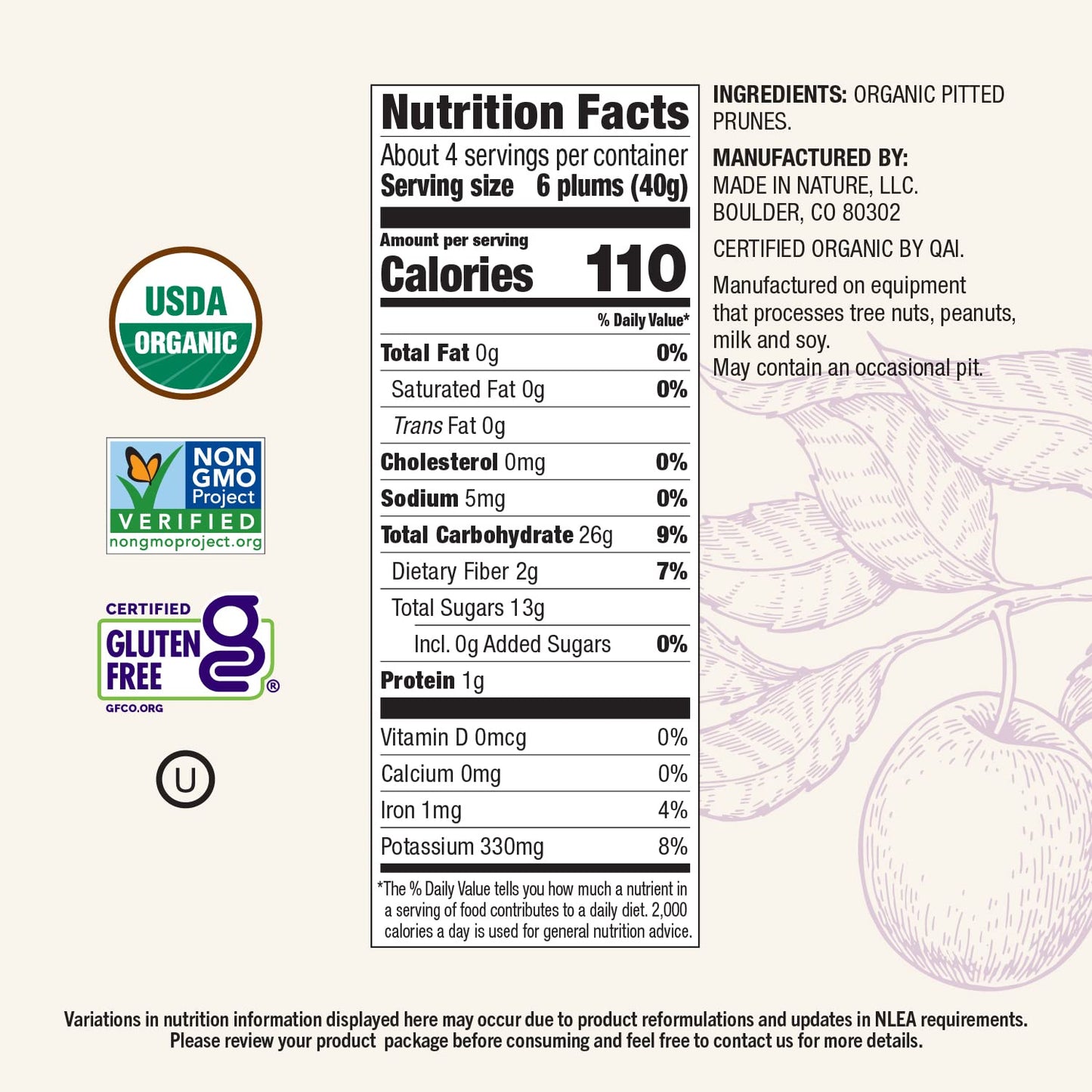 Made In Nature Organic Dried Plums, 6 Ounce (Pack of 6) - Vegan Snack, Non-GMO, Unsulfured, Gluten Free, Kosher