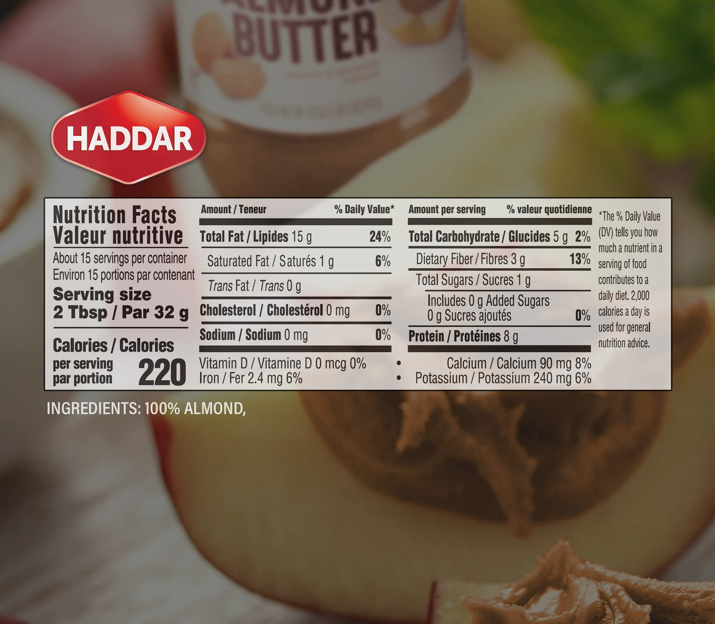 Haddar, 100% Pure Almond Butter, 18Oz (2 Pack) Only One Ingredient!