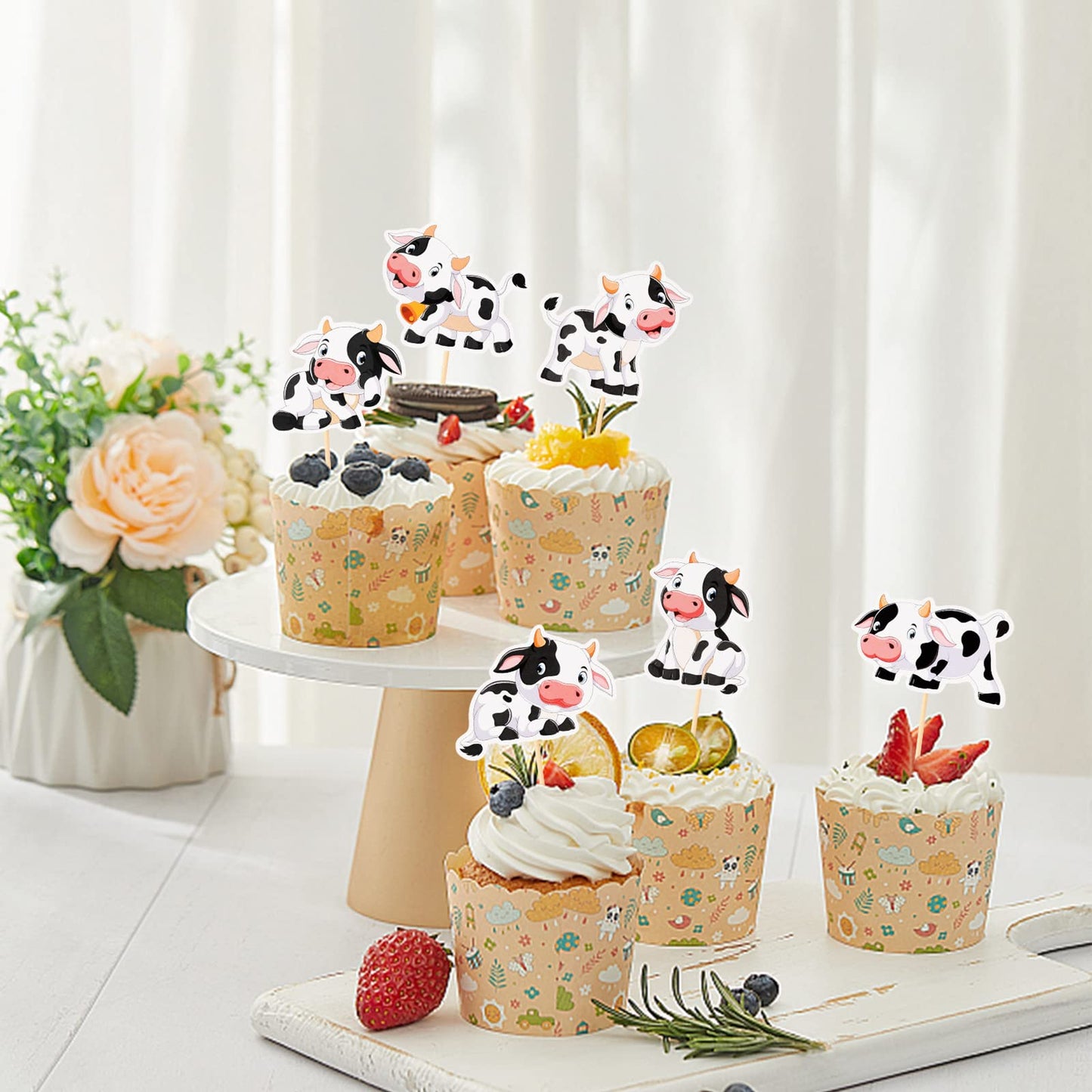 48 Pcs Cow Cupcake Toppers, Moo Cow Cupcake Picks For Farm Animal Theme 1St Birthday Baby Shower Party(B)
