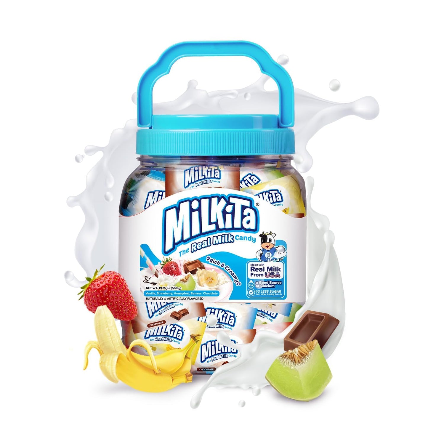 Milkita - The Real Milk Candy - Creamy Shake Jar, Gluten Free Chewy Candies with Calcium, Zero Trans Fat, Low-Sugar, Assorted Fl