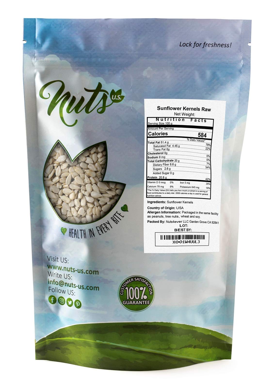 NUTS U.S. - Sunflower Kernels | Raw | A Rich Source of Protein | USA Grown and Packed in Resealable Bags!!! (4 LBS)
