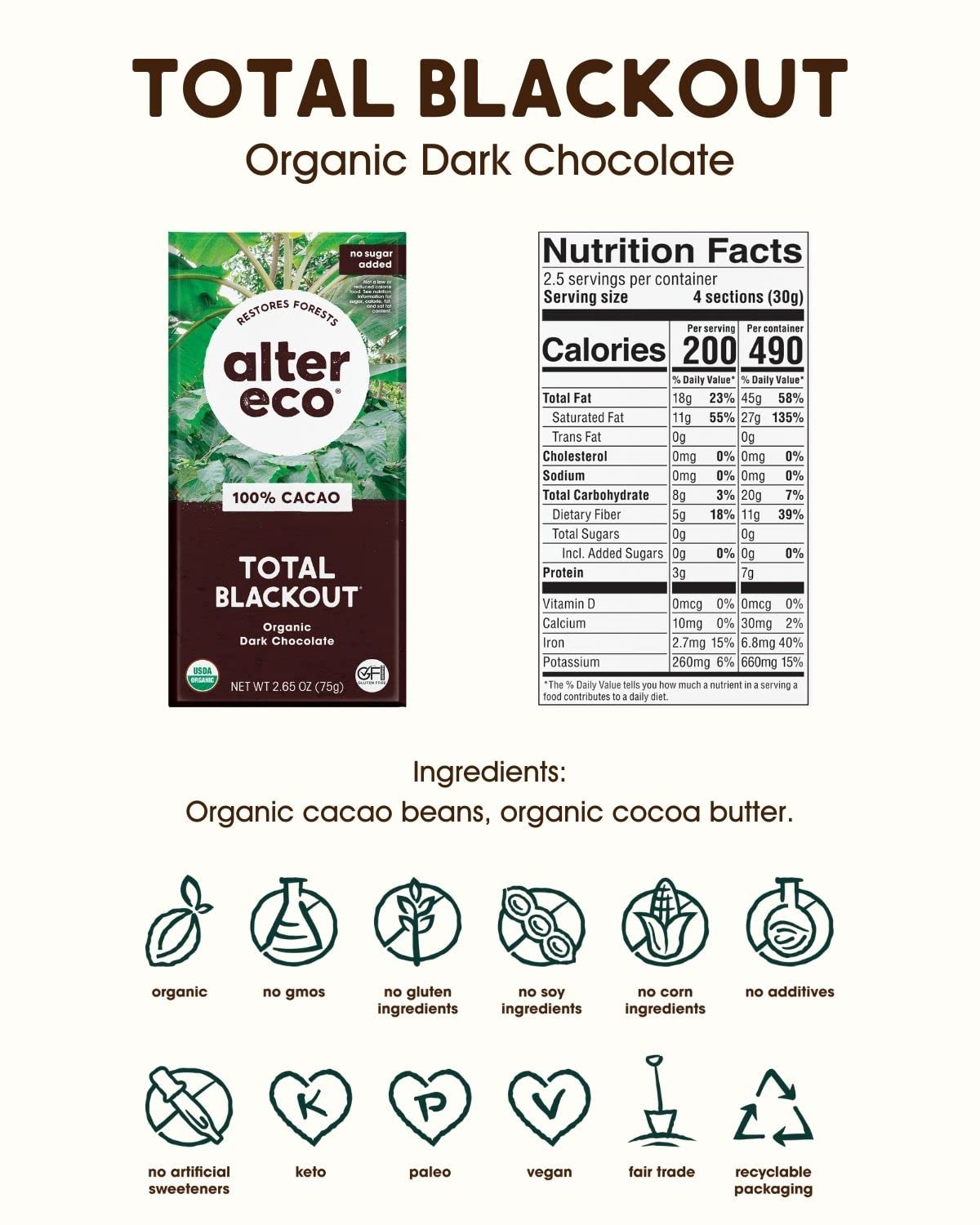 Alter Eco Dark Chocolate Bars, Fair Trade, Organic, Non-GMO, Gluten Free, 2.65 Ounce