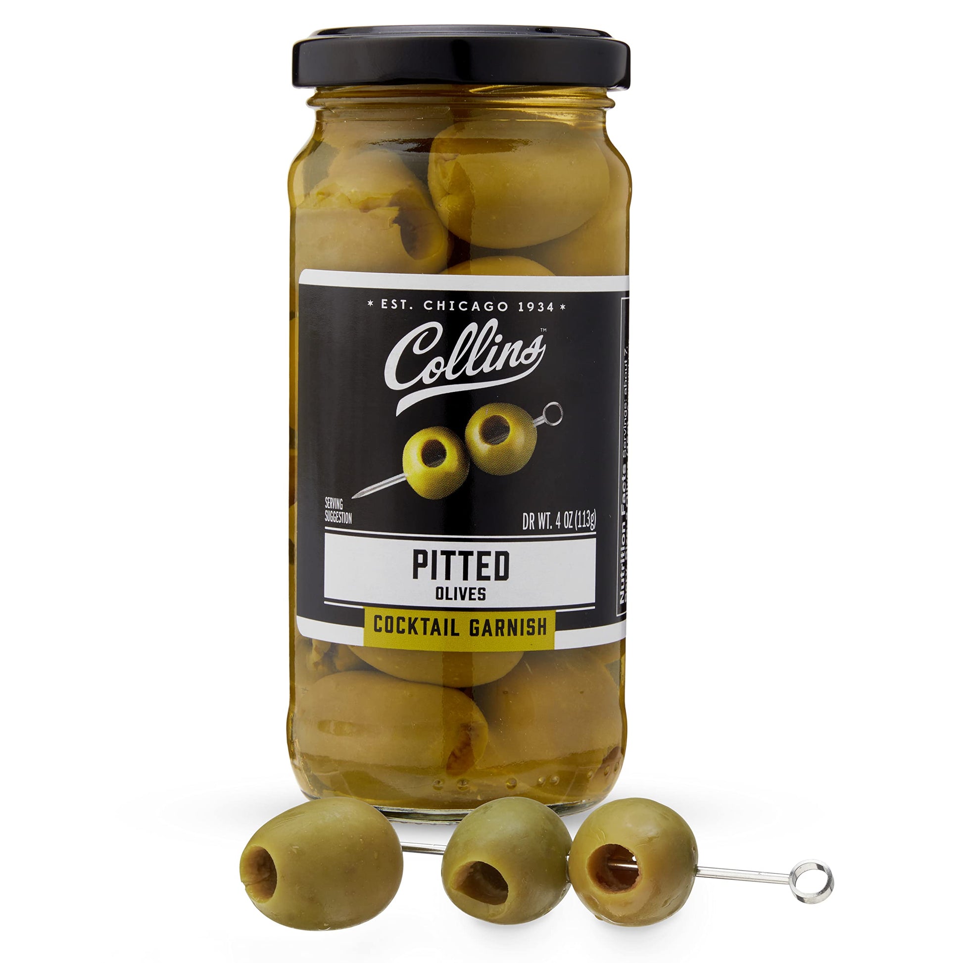 Collins Pitted Olives - Popular Garnish for Cocktails and Snacks, 4oz, Black, Model O255