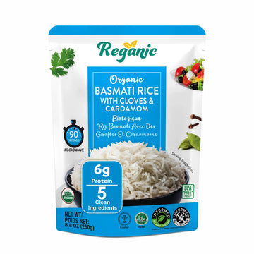 Reganic Organic Basmati Rice with Cloves & Cardamom, USDA Organic, 6g Protein, Aromatic & Fluffy, 100% Recyclable Microwave Pouc