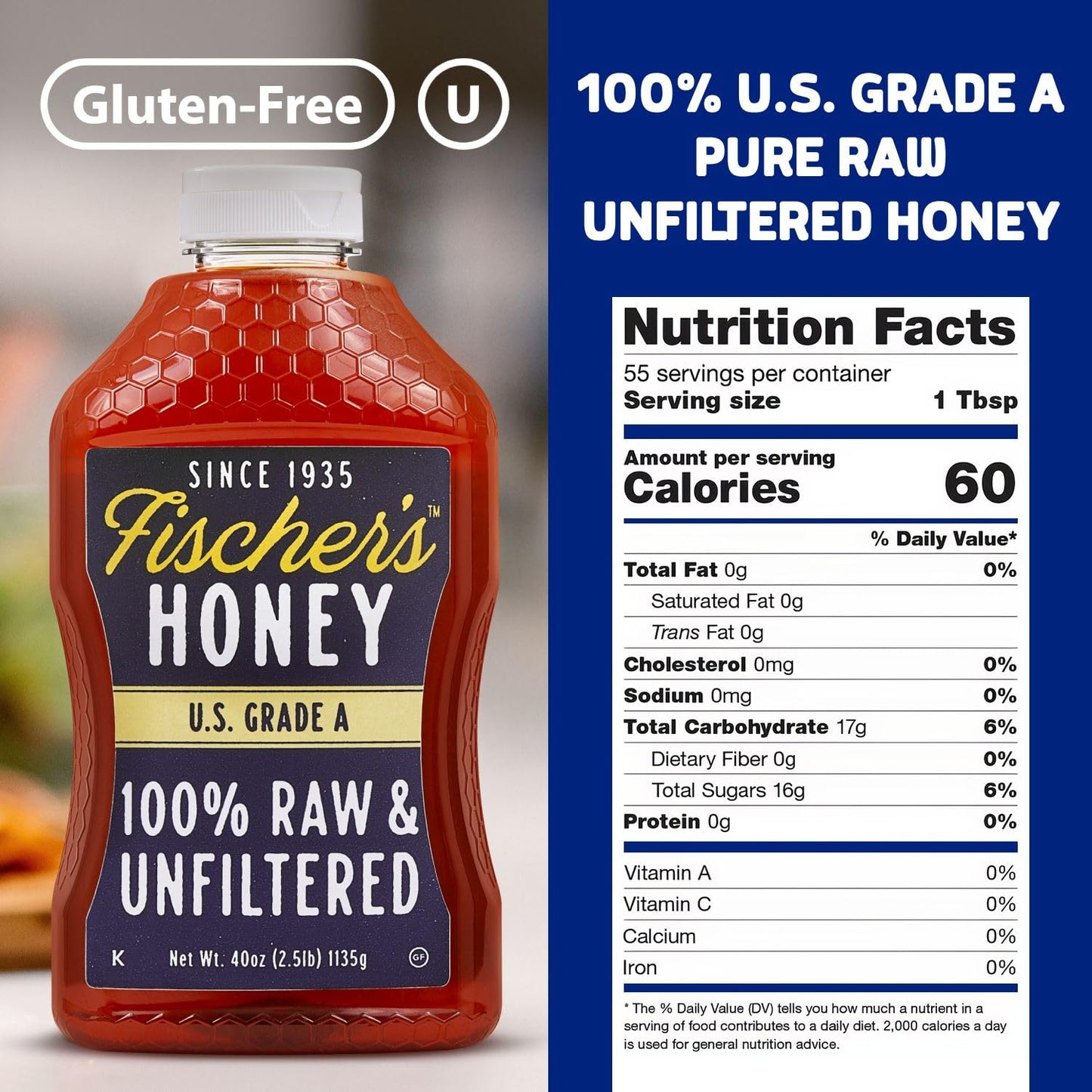 Fischers 100% Pure Raw Unfiltered Honey - All-Natural Sweetener, 40 oz