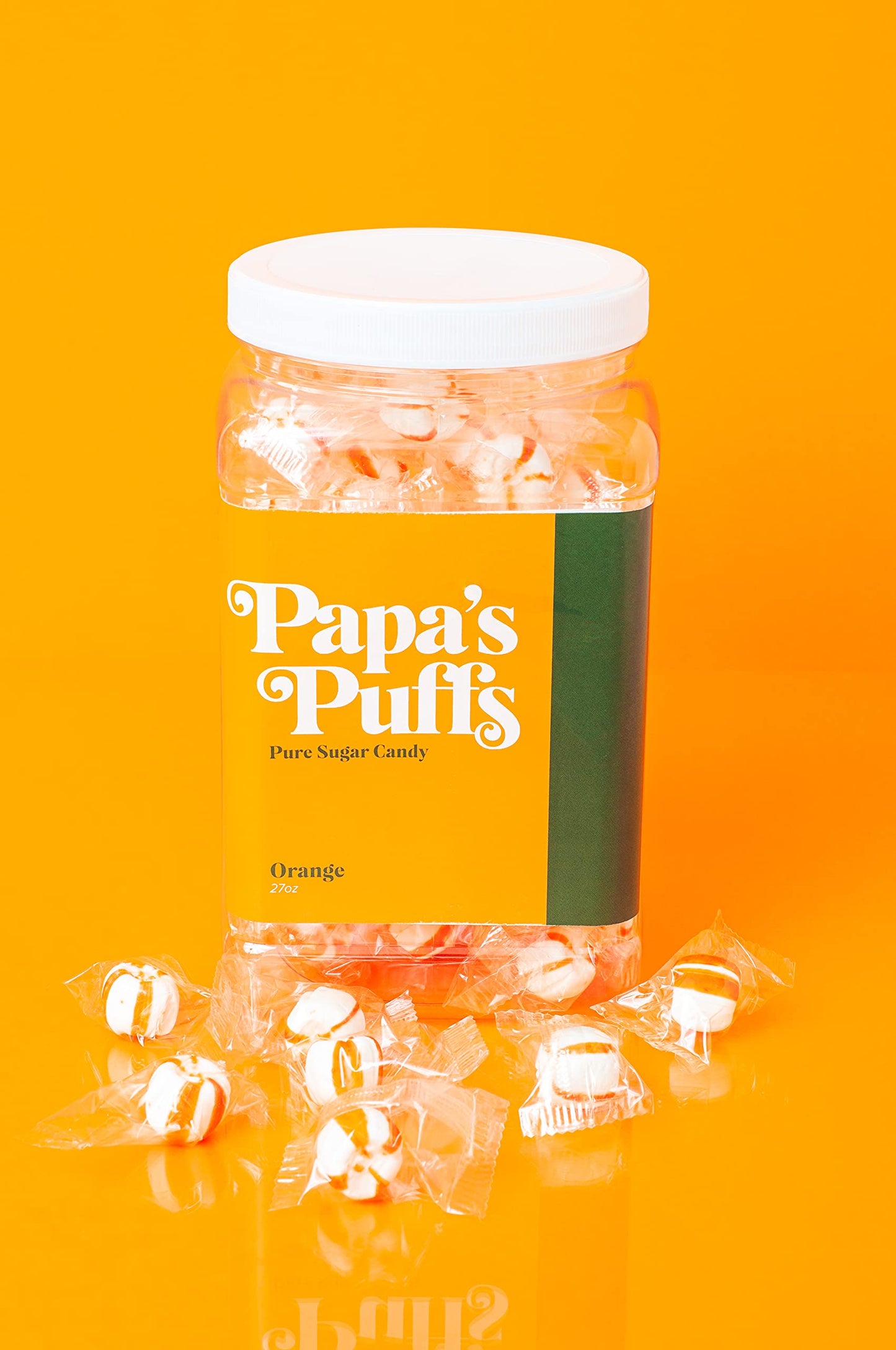 Papa'S Puffs Orange Flavored Pure Sugar Candy - Individually Wrapped In Resealable Tub - Fat-Free, Gluten-Free, Cholesterol-Free