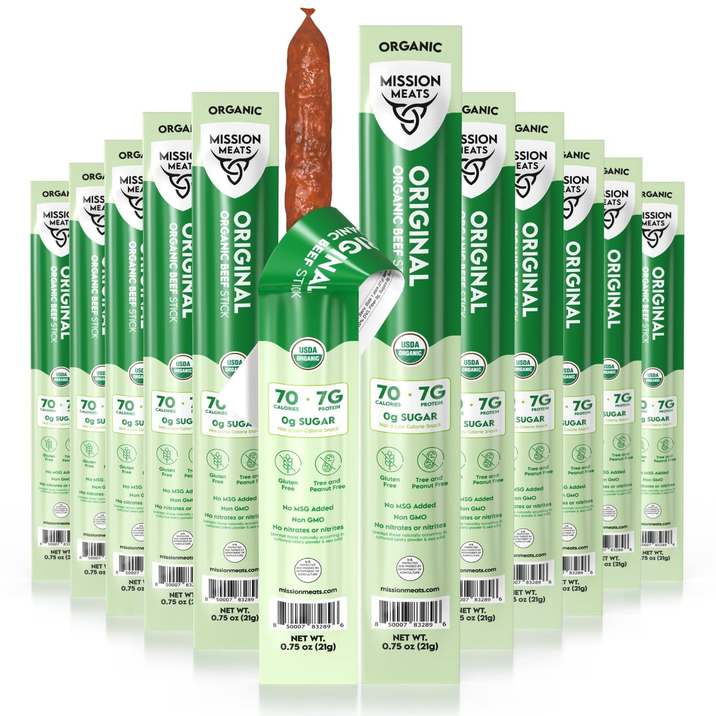 Mission Meats 100% Certified Organic Beef Sticks - Pasture-Raised  Zero Sugar  Non-GMO  Healthy Individually Wrapped Meat Sticks Snack  0.75oz (24 Count)
