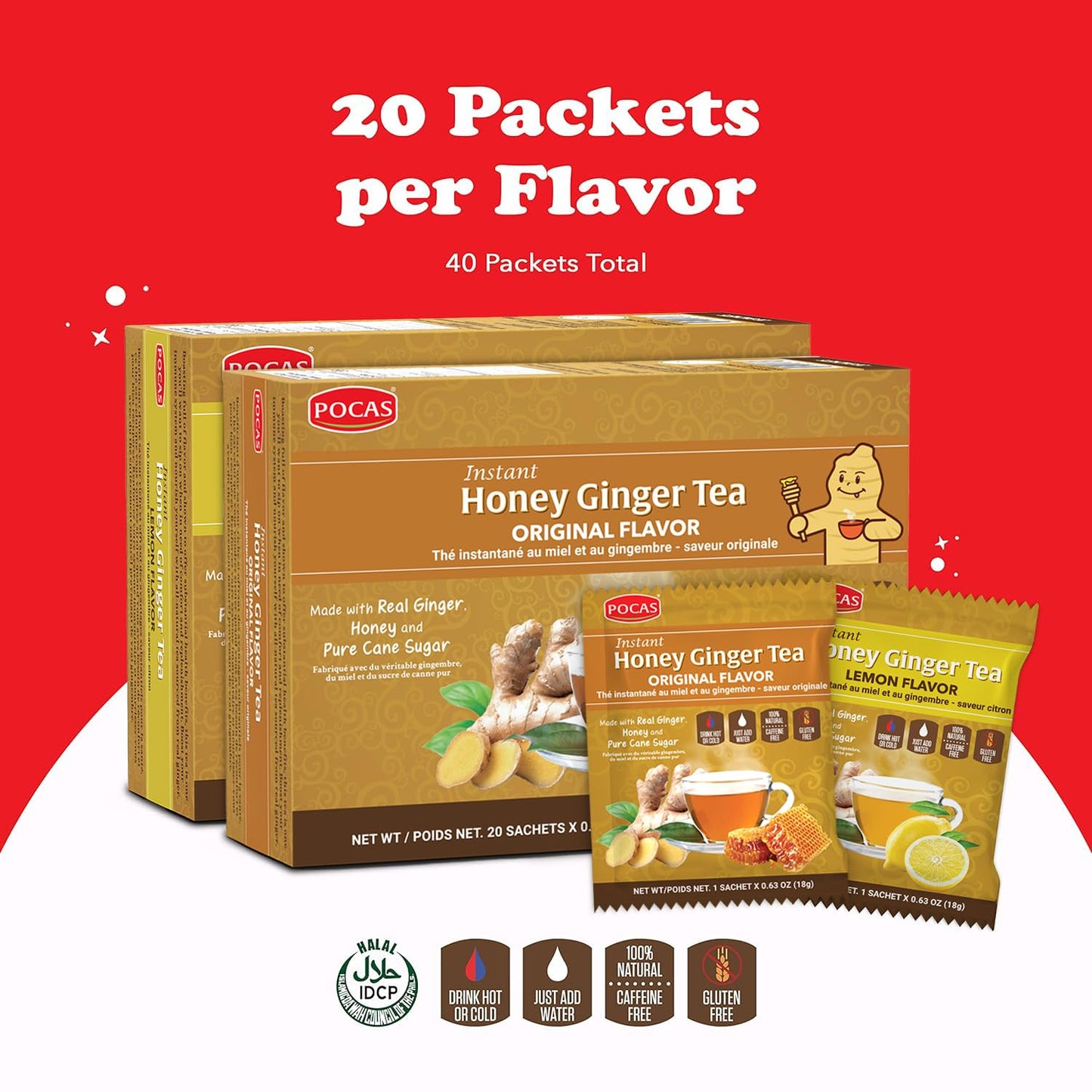 Pocas Honey Ginger Tea Bundle - Original & Lemon Flavor, Instant Tea Powder Packets, Non-GMO, Gluten Free, 40 Count