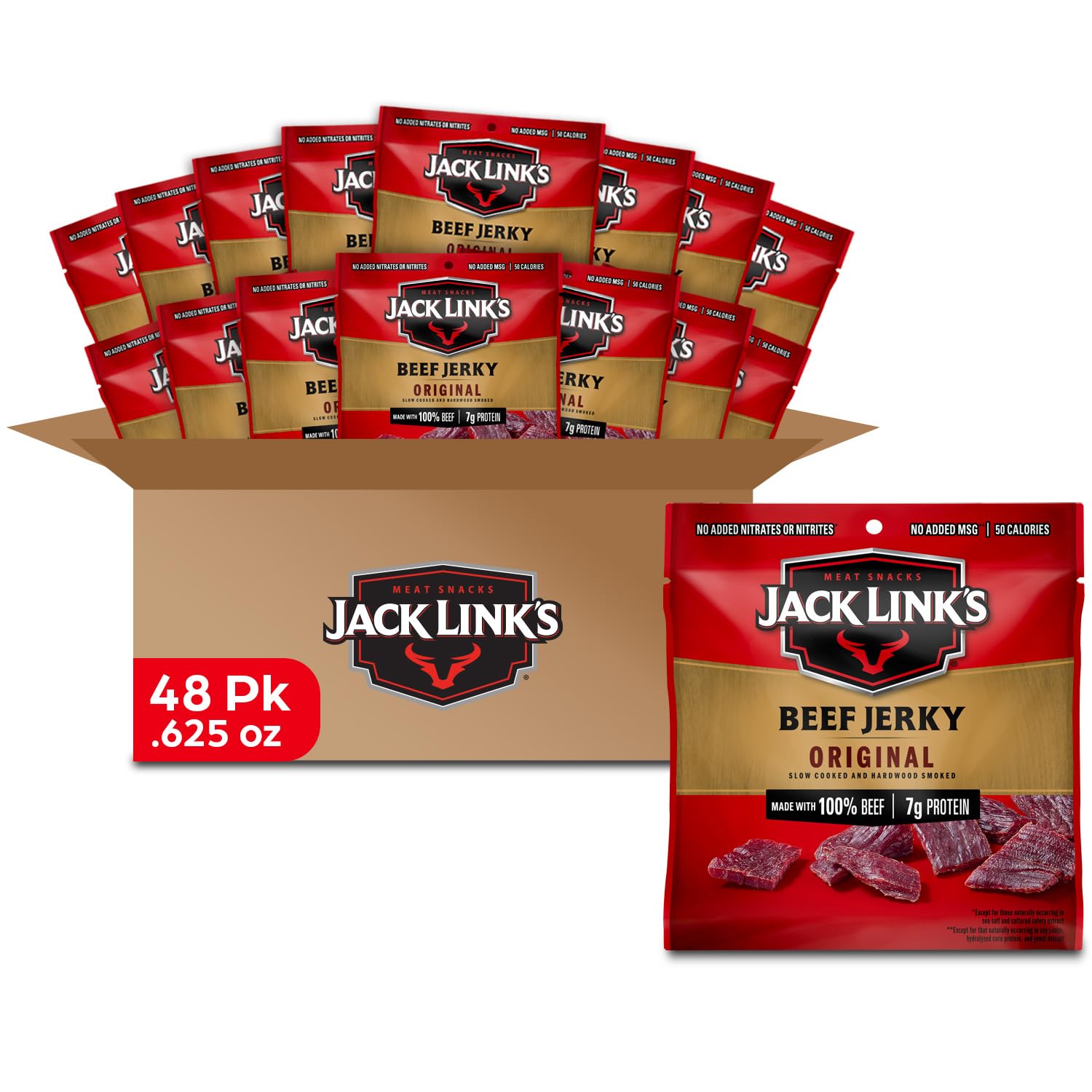 Jack Link s Beef Jerky  Original  Multipack Bags - Flavorful Meat Snacks for Lunches  Ready to Eat Protein Snacks  Individual Packs - 7g of Protein  Made with 100% Beef - 0.625 oz (Pack of 48)
