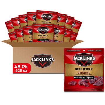 Jack Link s Beef Jerky  Original  Multipack Bags - Flavorful Meat Snacks for Lunches  Ready to Eat Protein Snacks  Individual Packs - 7g of Protein  Made with 100% Beef - 0.625 oz (Pack of 48)