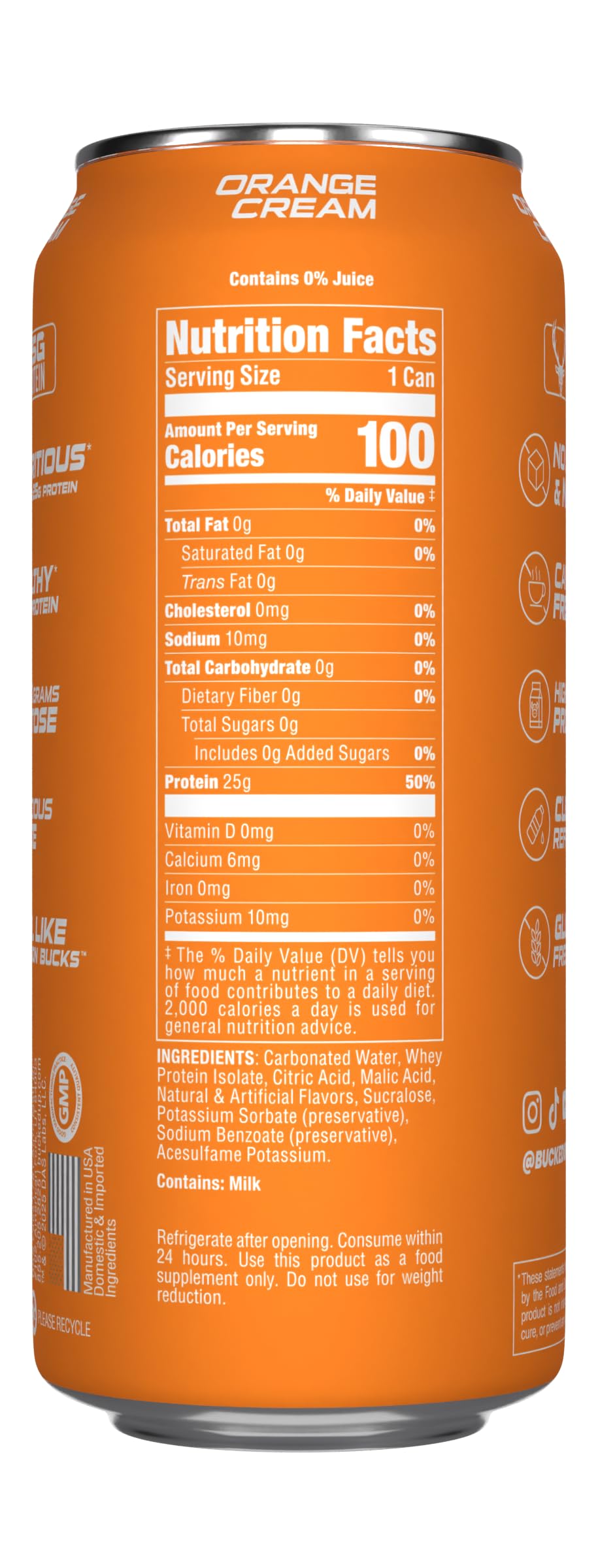 Bucked Up Protein Soda - Lightly Carbonated, Zero Sugar, 25g Whey Isolate - 12 Pack, 16 oz Cans (Orange Cream)