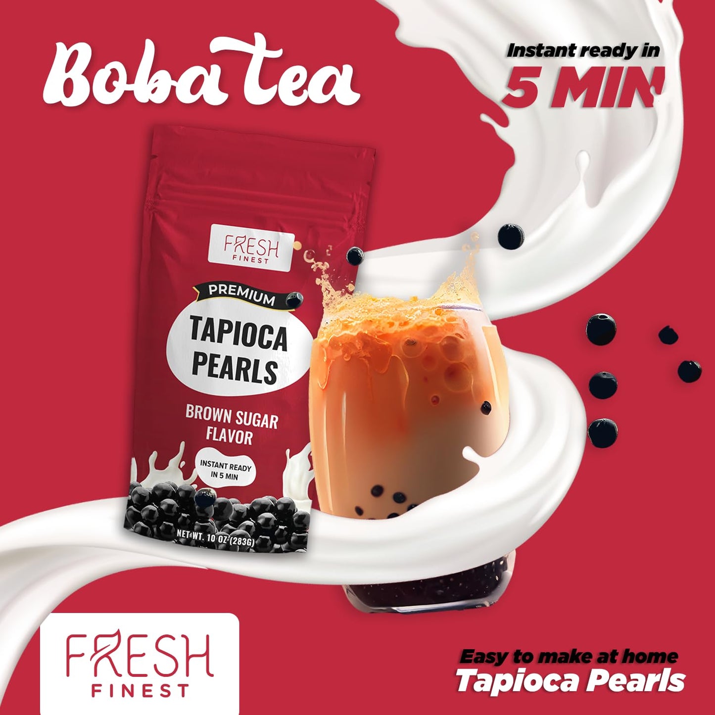 Fresh Finest Brown Sugar Boba Pearls For Boba Tea - 12 Servings Instant Tapioca Pearls Ready In 5 Minutes, 10 Oz Packs (2 Packs)
