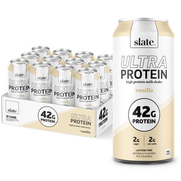 Slate Milk - Ultra High Protein Shake - Vanilla - 42g Protein  2g Sugar  190 Calories  2g Net Carbs - Lactose Free - No Added Sugar  No Seed Oils - Breakfast Boost  Post Workout - 15 fl oz  12 Cans