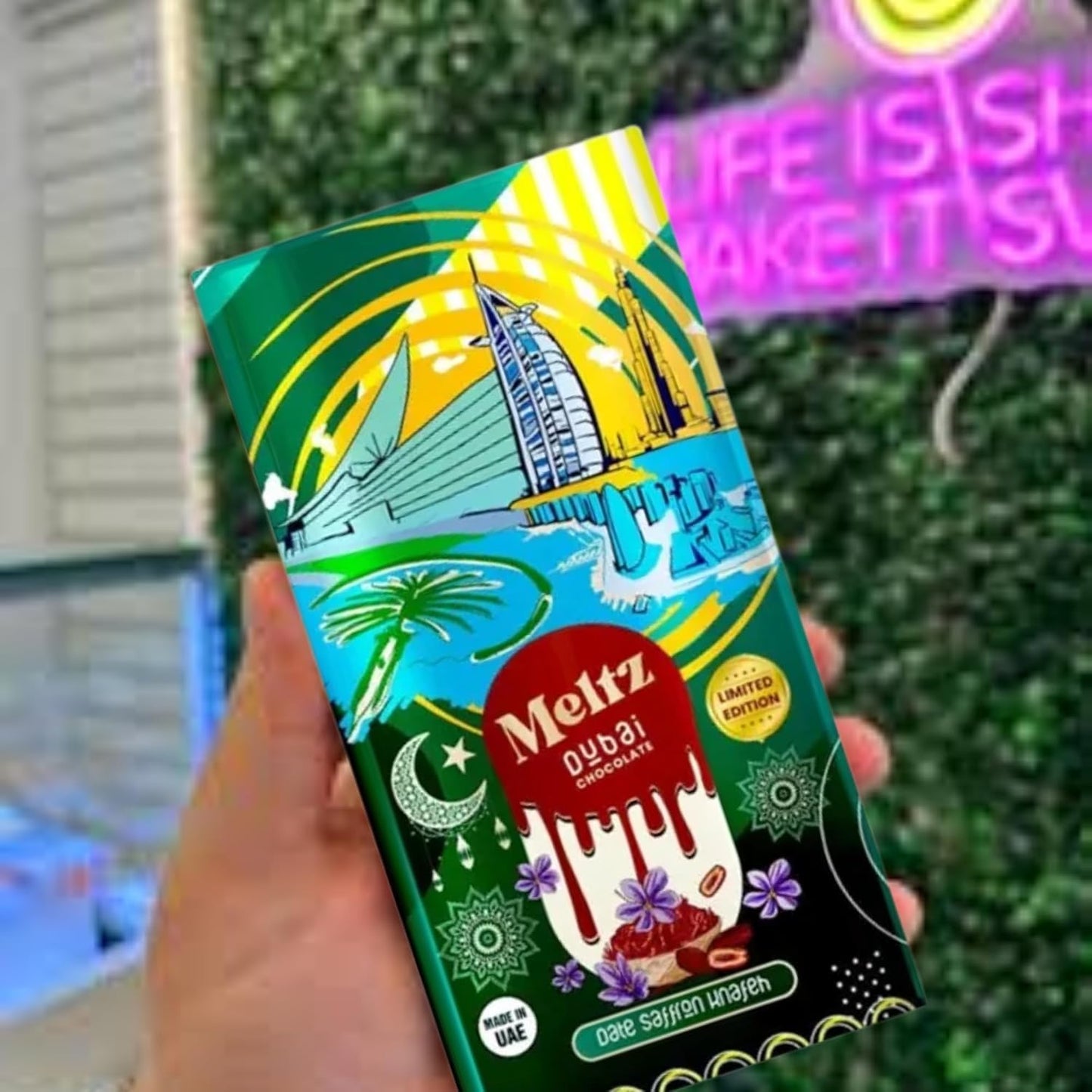 Meltz Pistachio Chocolate Date Saffron Bar - 192g elegant Milk Chocolate Treat, Individually Wrapped, Brown