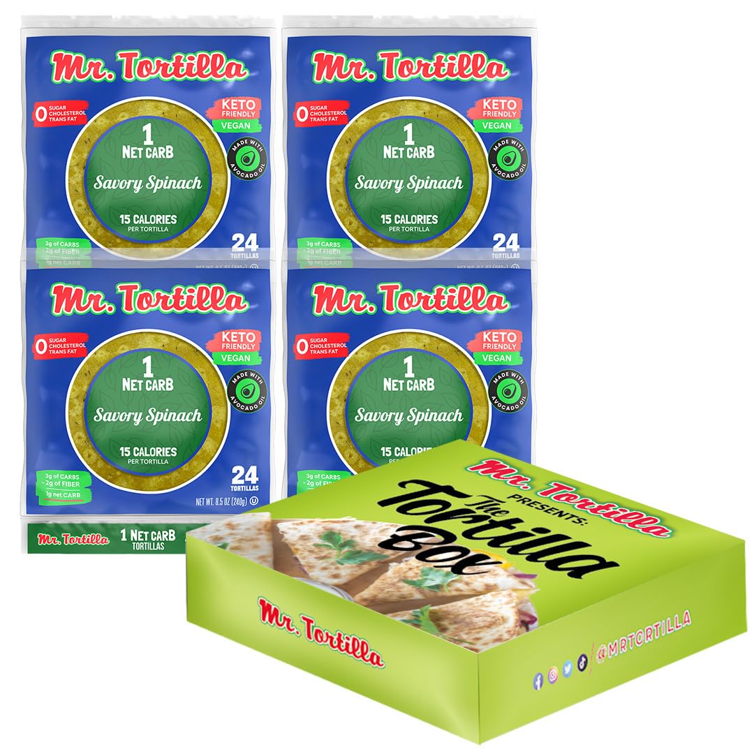 Mr. Tortilla 1 Net Carb Tortillas - Savory Spinach, 24 Count (Pack of 4)