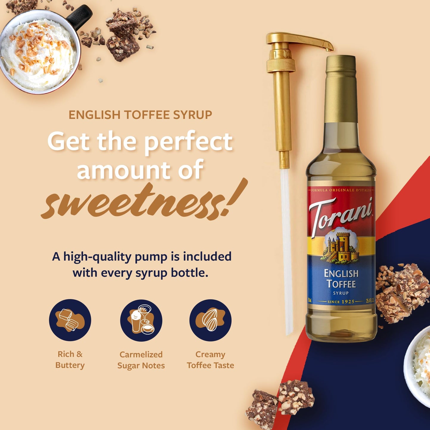Torani Coffee Syrup, English Toffee Flavored Syrup For Drinks, Pump Included, 25.4 Fl Oz