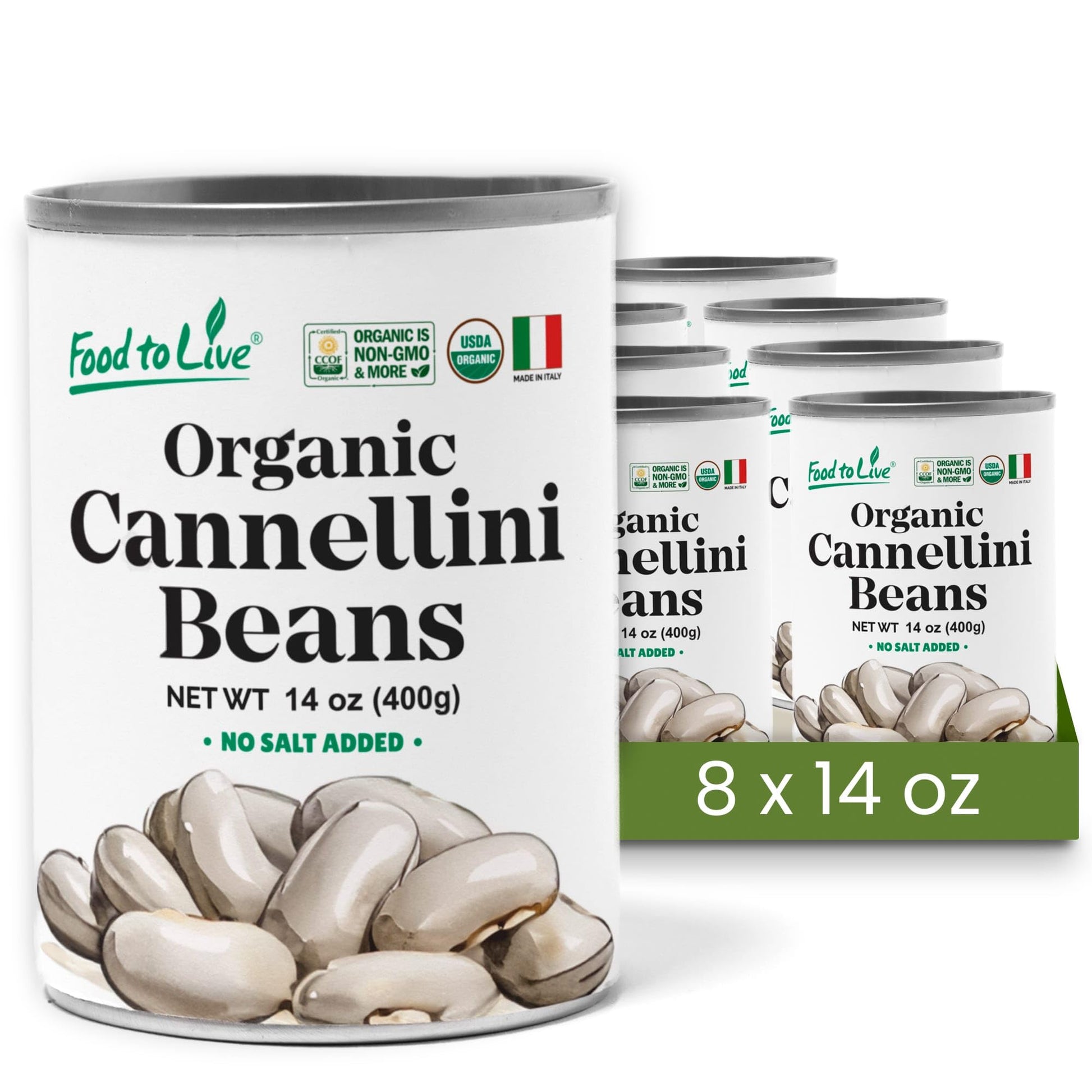 Food to Live Organic Italian Canned Cannellini Beans, 14 oz (Pack of 8) - Unsalted Non-GMO White Kidney Beans. Good Source of Fi