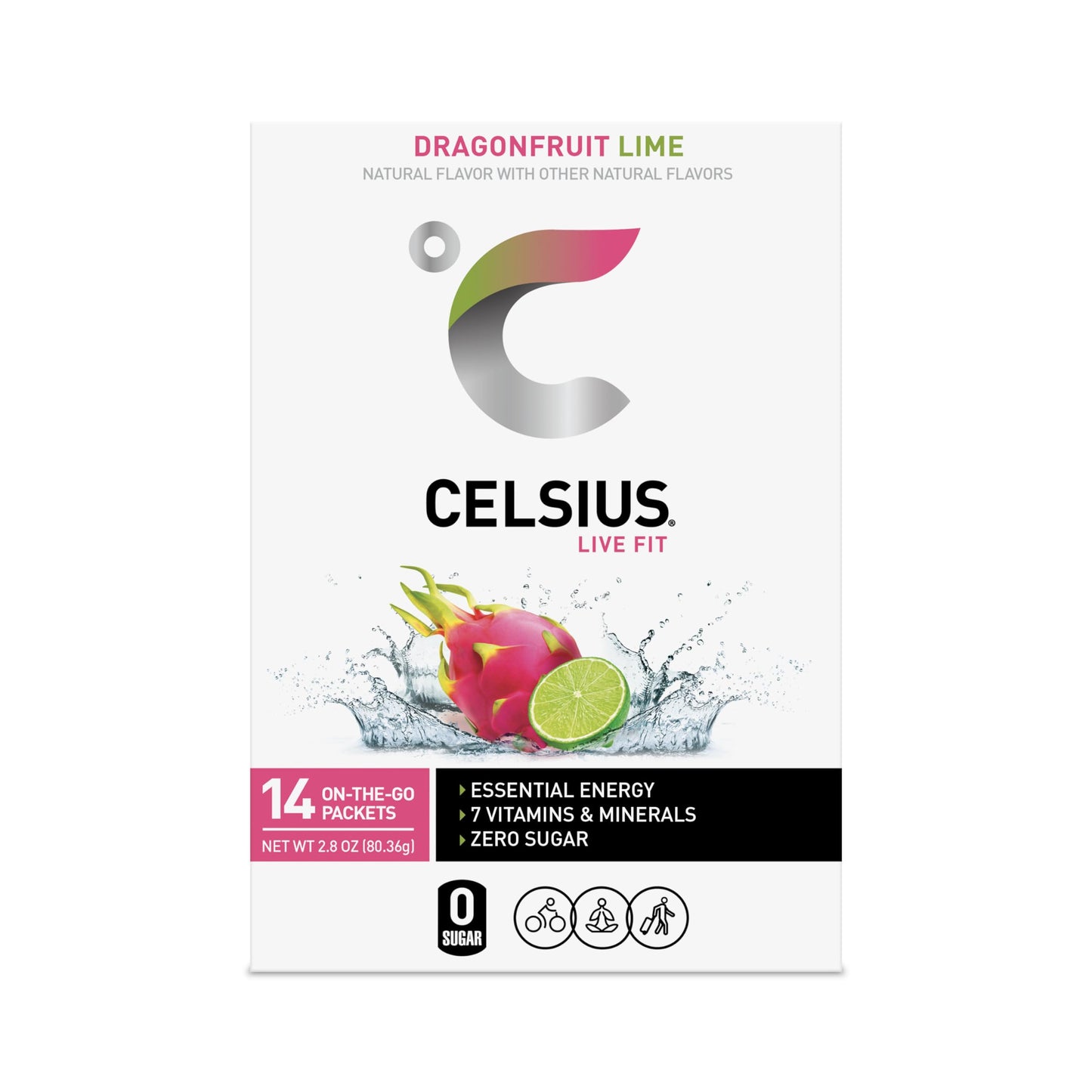 CELSIUS On-the-Go Powder Sticks Dragonfruit Lime, Essential Energy 2.8 Oz (14 Sticks per Pack)