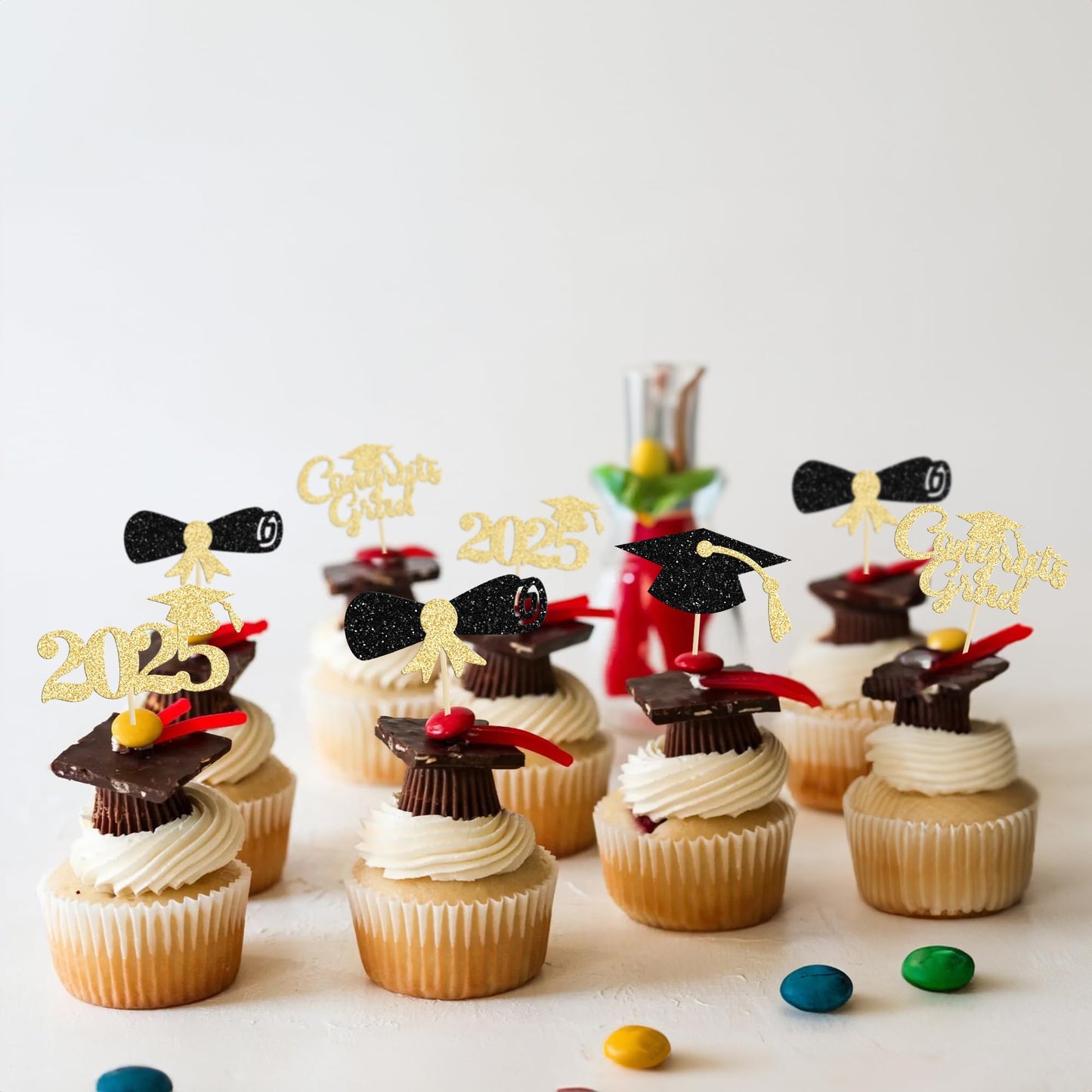 Gyufise 24Pcs 2025 Graduation Cupcake Toppers Black Glitter Congrats Grad 2025 Graduation Cap Diploma Cupcake Picks 2025 Graduat