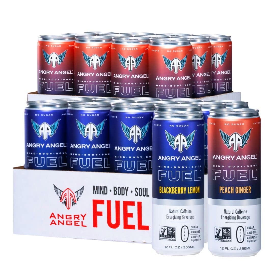 Angry Angel Blackberry Lemon & Peach Flavor Blendger Natural Energy Drink - (24 Count) Mixed Pack - Zero Sugar - Coq10 - Important B Vitamins - 12 Oz Cans