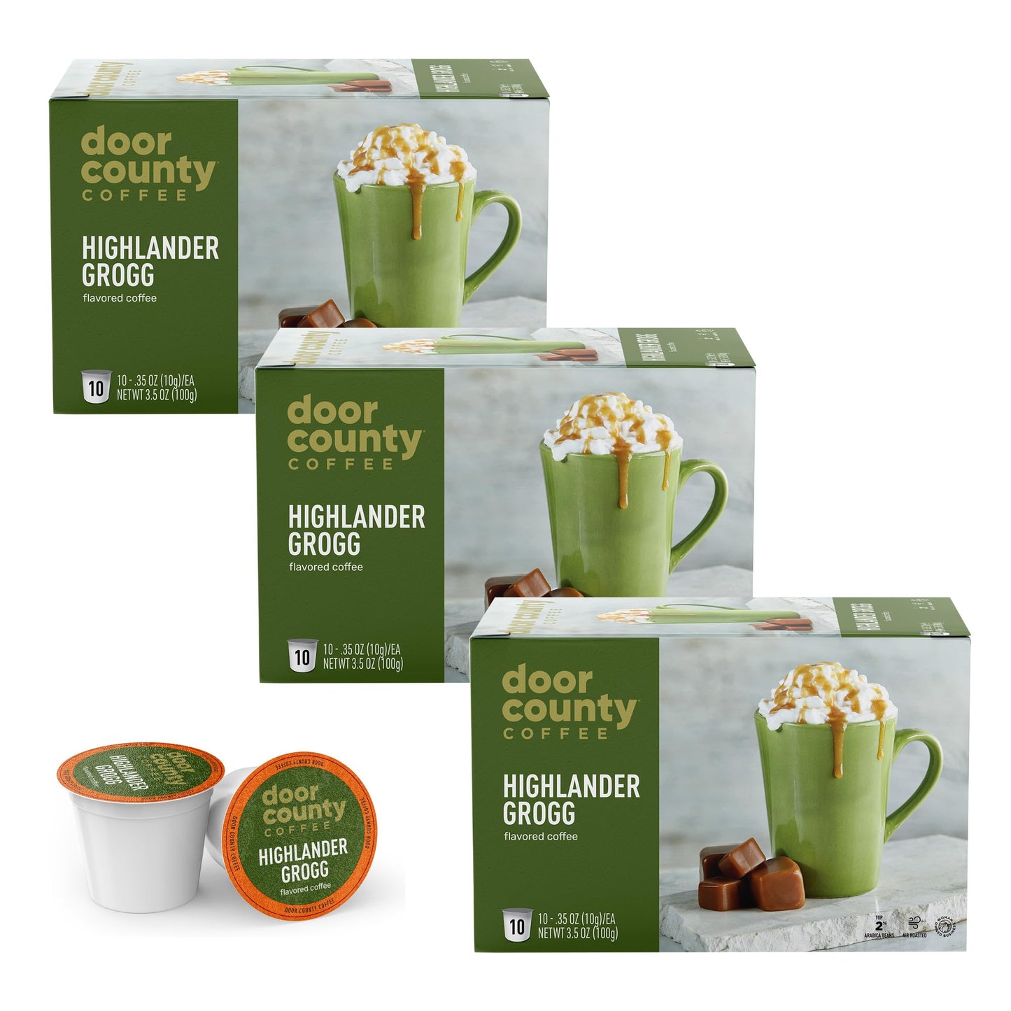 Door County Coffee Highlander Grogg Flavored Coffee Ground | 30 Count Single Serve Cups | Medium Roast | 100% Specialty Arabica Coffee | Flavored Gourmet Coffee | Caramel & Irish Cream Coffee