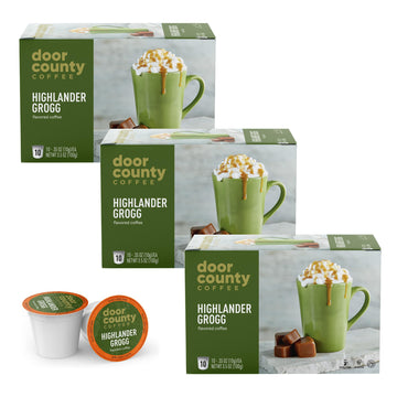 Door County Coffee Highlander Grogg Flavored Coffee Ground | 30 Count Single Serve Cups | Medium Roast | 100% Specialty Arabica Coffee | Flavored Gourmet Coffee | Caramel & Irish Cream Coffee