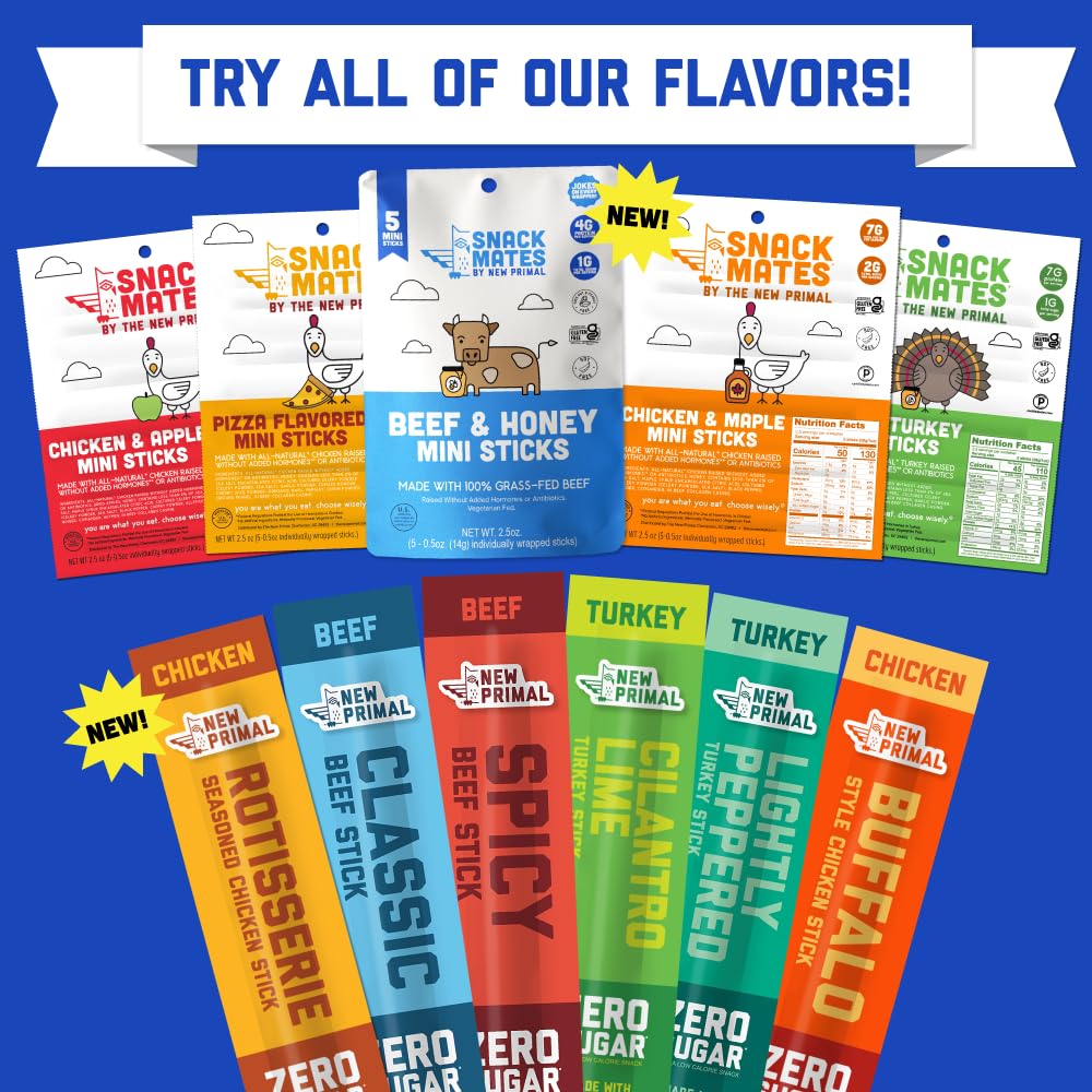 New Primal Snack Mates Beef & Honey Sticks  Healthy Snacks for Kids  Low Sugar High Protein Back to School Snacks  Gluten Free  Mini Jerky Meat Stick  4g Protein  50 Calories  15 Pack